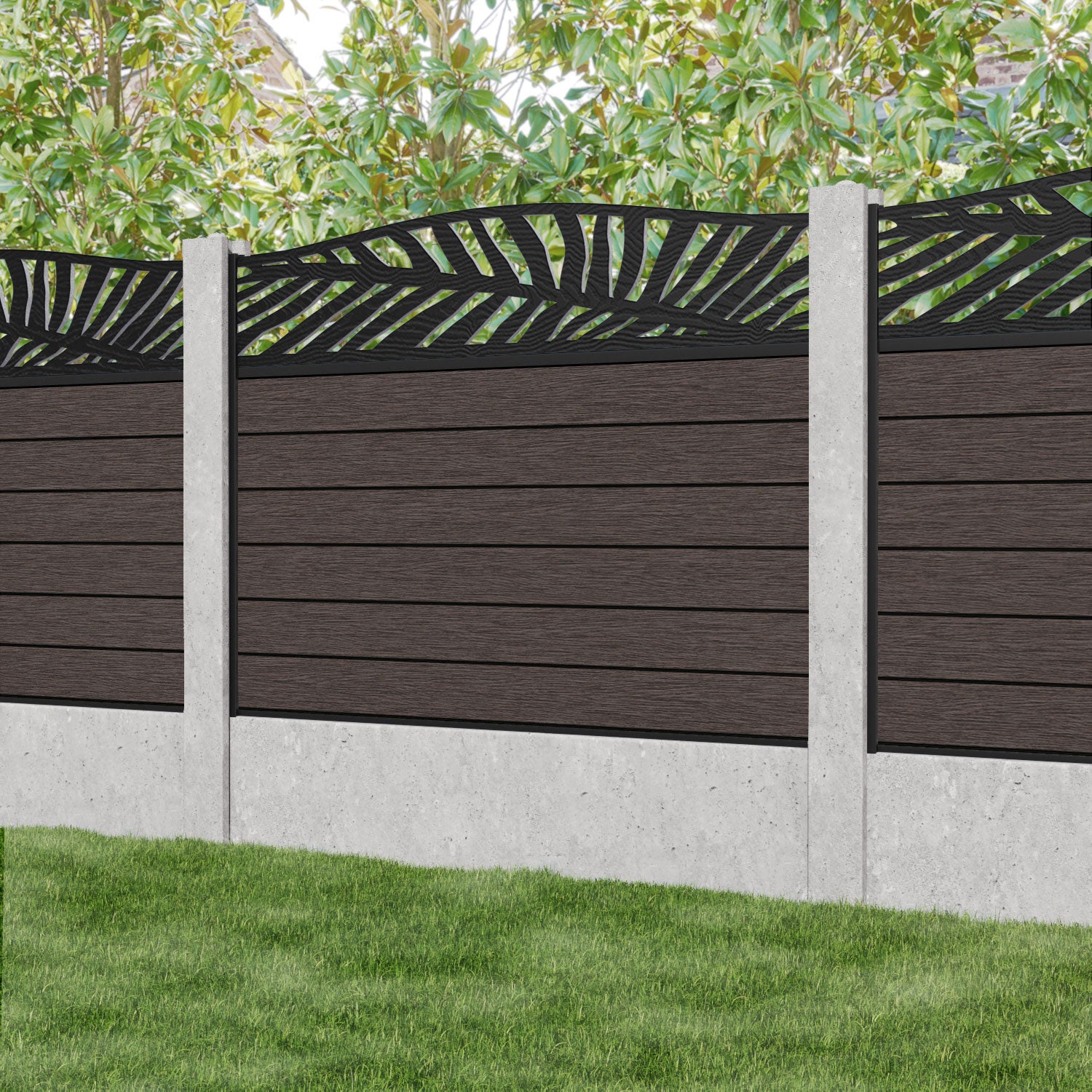 Fusion Palm Curved Top Fence Panel - Mid Brown - for existing concrete posts