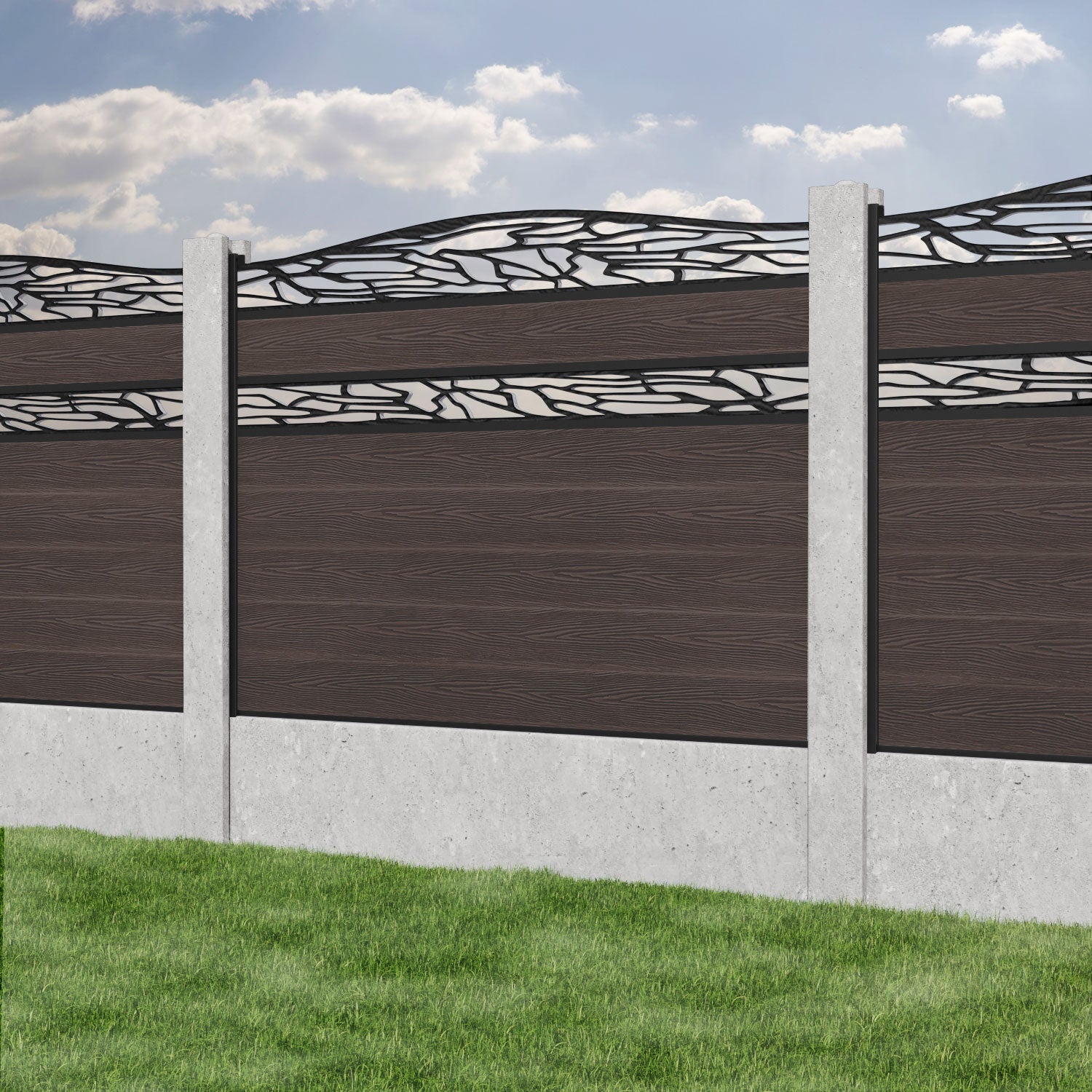 Classic Shatter Curved Top Split Screen Fence Panel - Mid Brown - for existing concrete posts