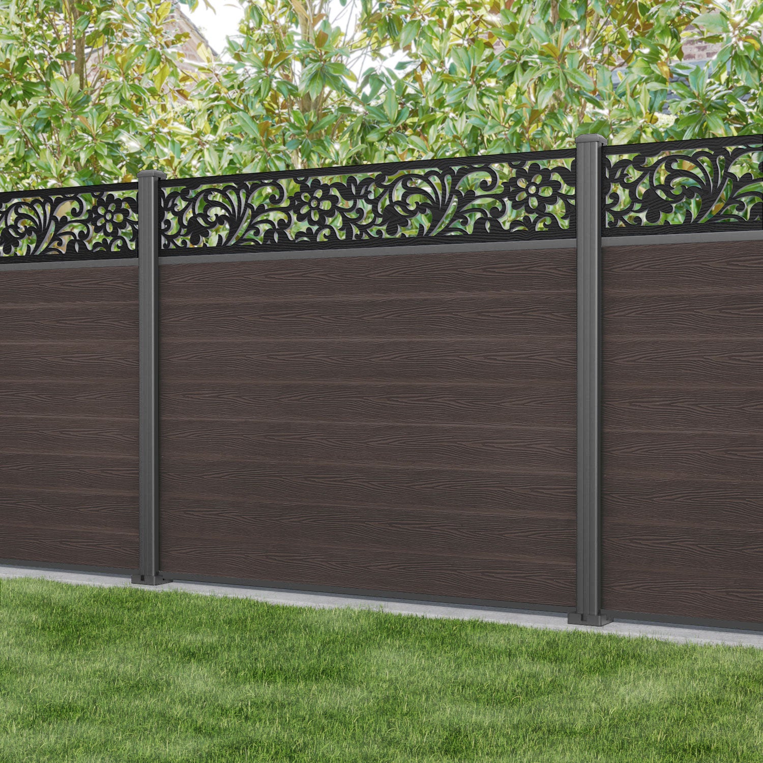Classic Eden Fence Panel - Mid Brown - with our aluminium posts