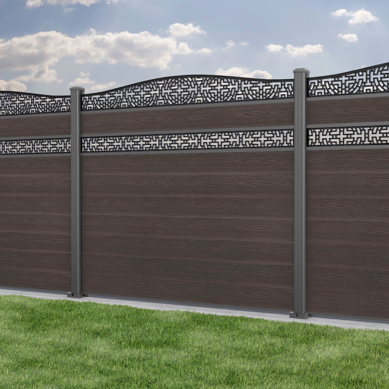 Classic Kumo Curved Top Split Screen Fence Panel - Mid Brown - with our aluminium posts