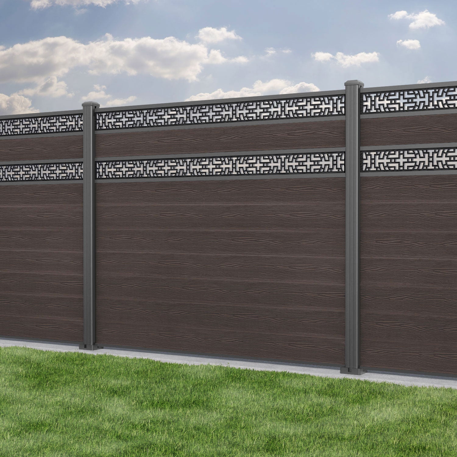 Classic Kumo Split Screen Fence Panel - Mid Brown - with our aluminium posts