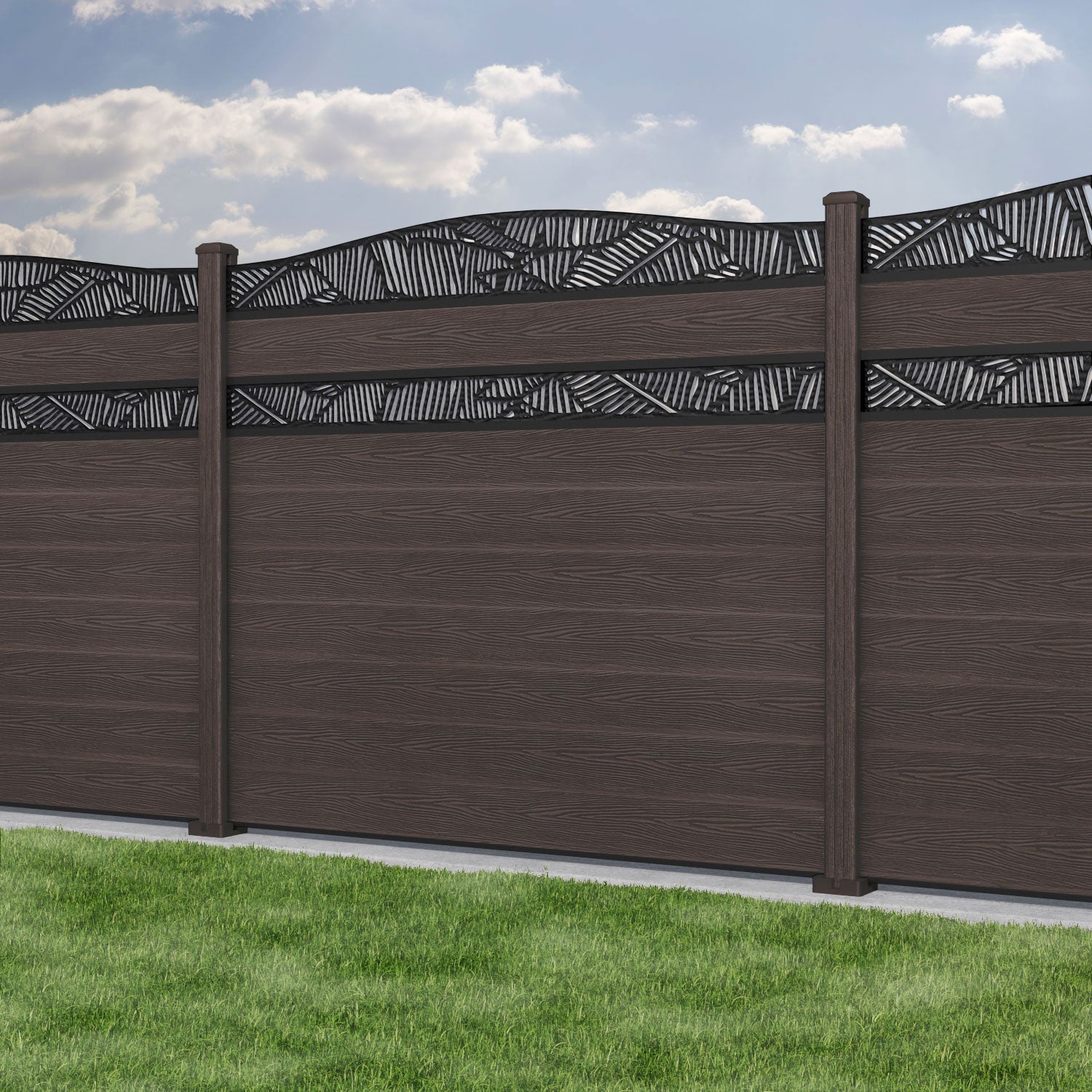Classic Feather Curved Top Split Screen Fence Panel - Mid Brown - with our composite posts