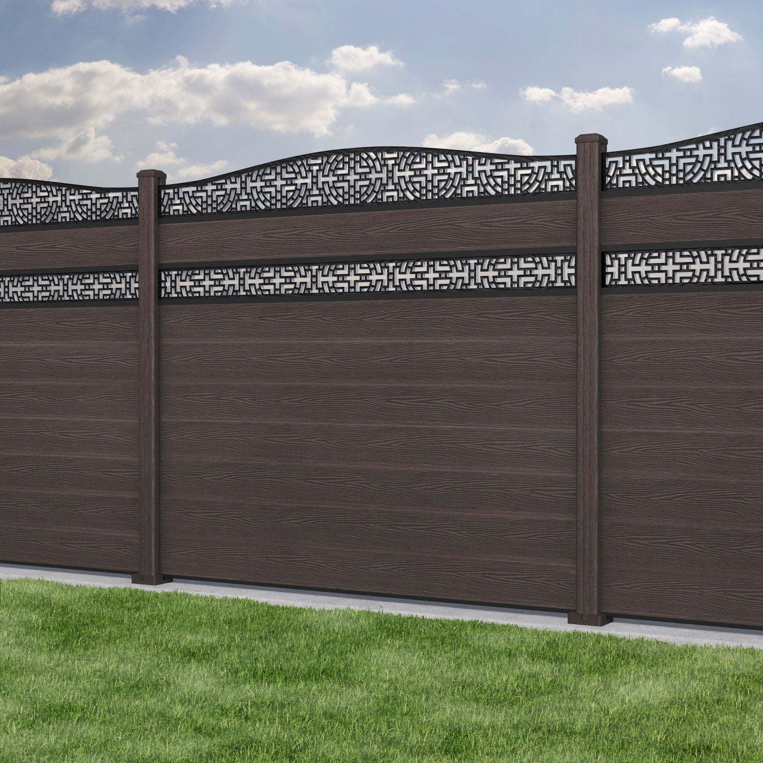 Classic Kumo Curved Top Split Screen Fence Panel - Mid Brown - with our composite posts