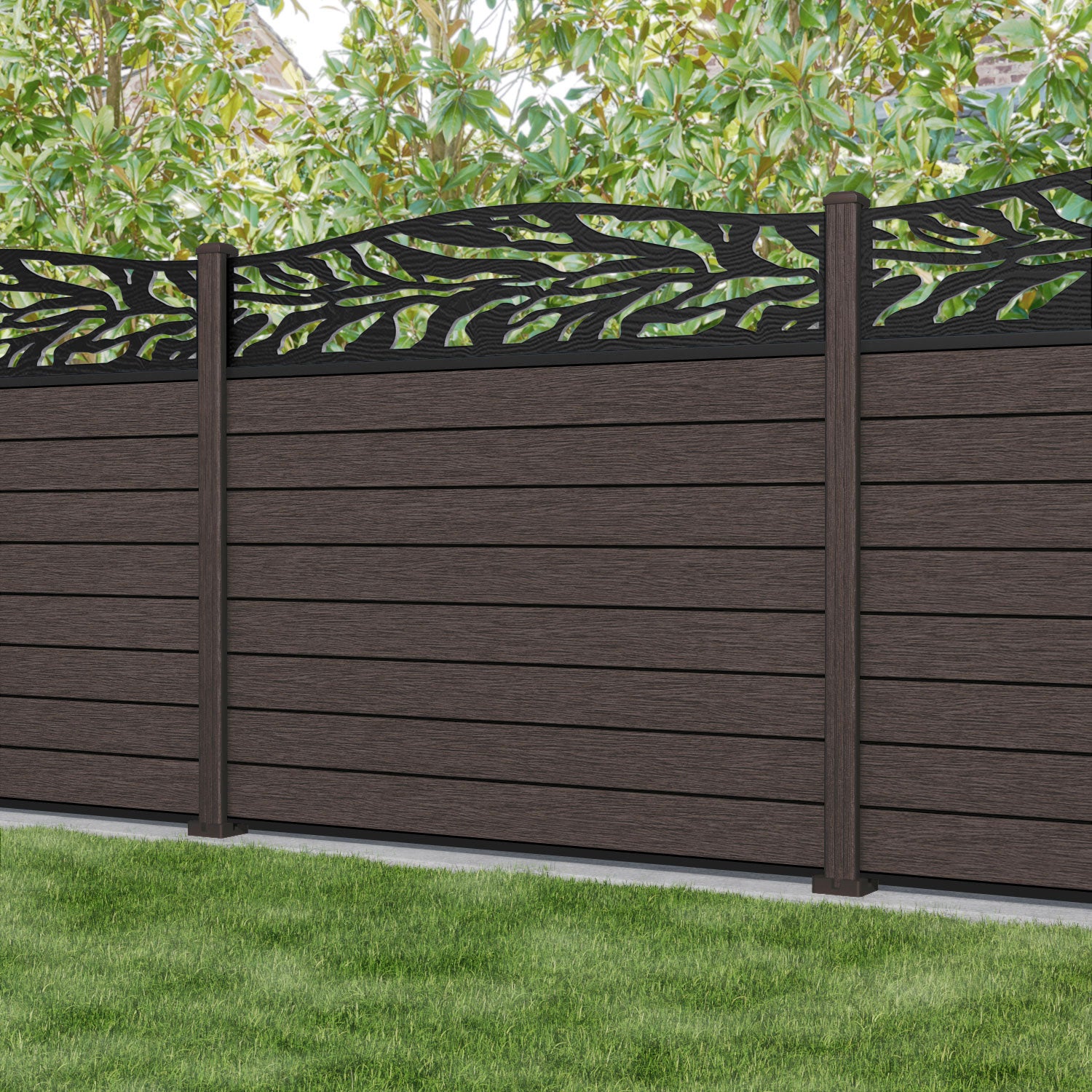 Fusion Narwa Curved Top Fence Panel - Mid Brown - with our composite posts