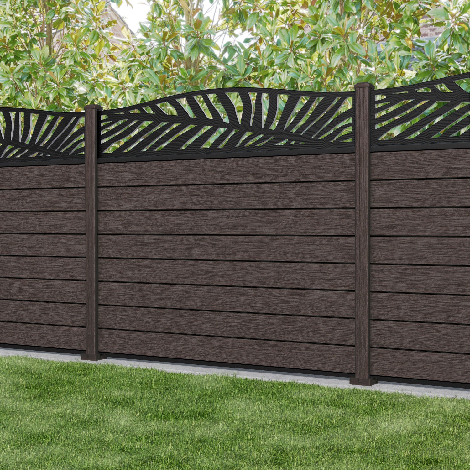 Fusion Palm Curved Top Fence Panel - Mid Brown - with our composite posts