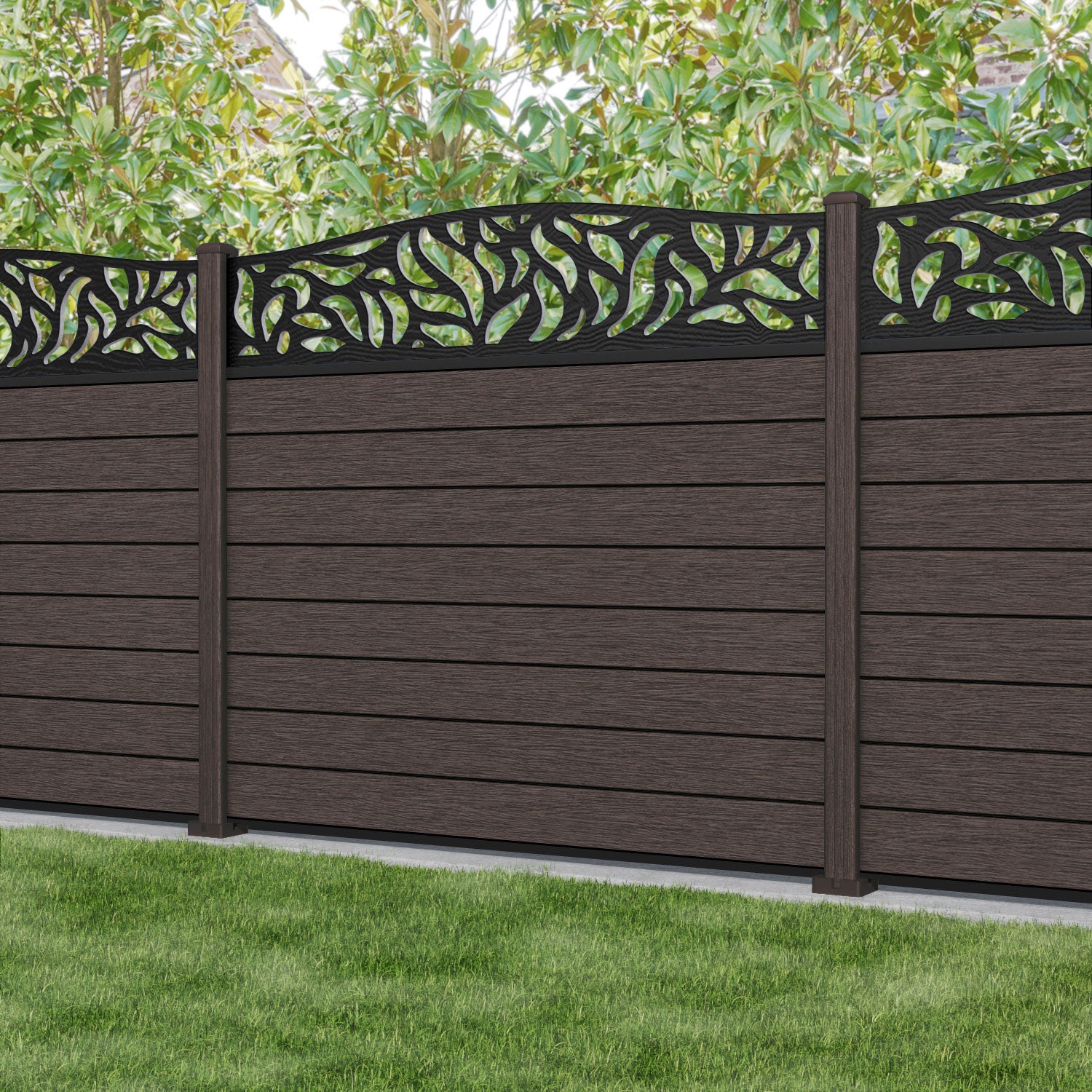 Fusion Plume Curved Top Fence Panel - Mid Brown - with our composite posts
