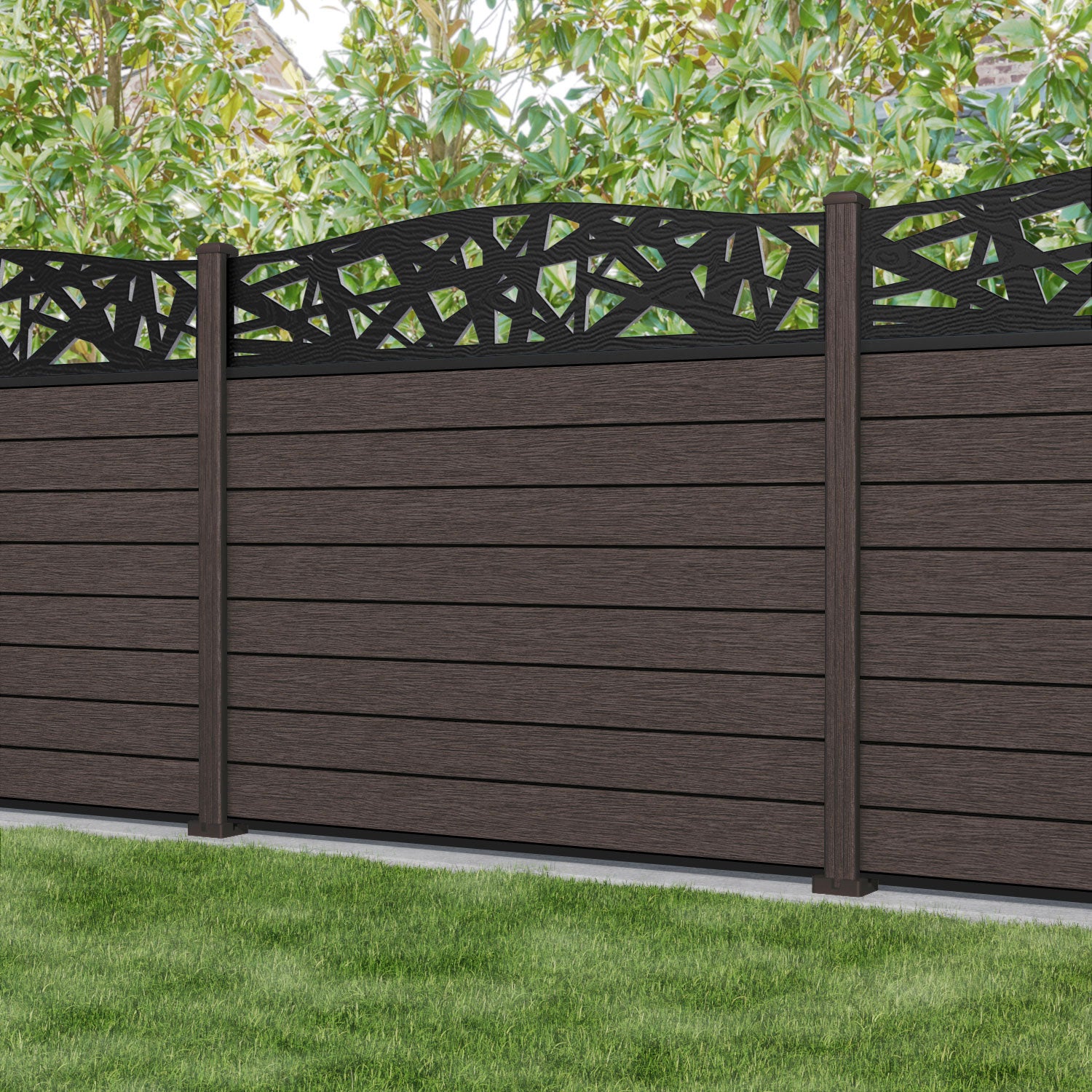 Fusion Prism Curved Top Fence Panel - Mid Brown - with our composite posts