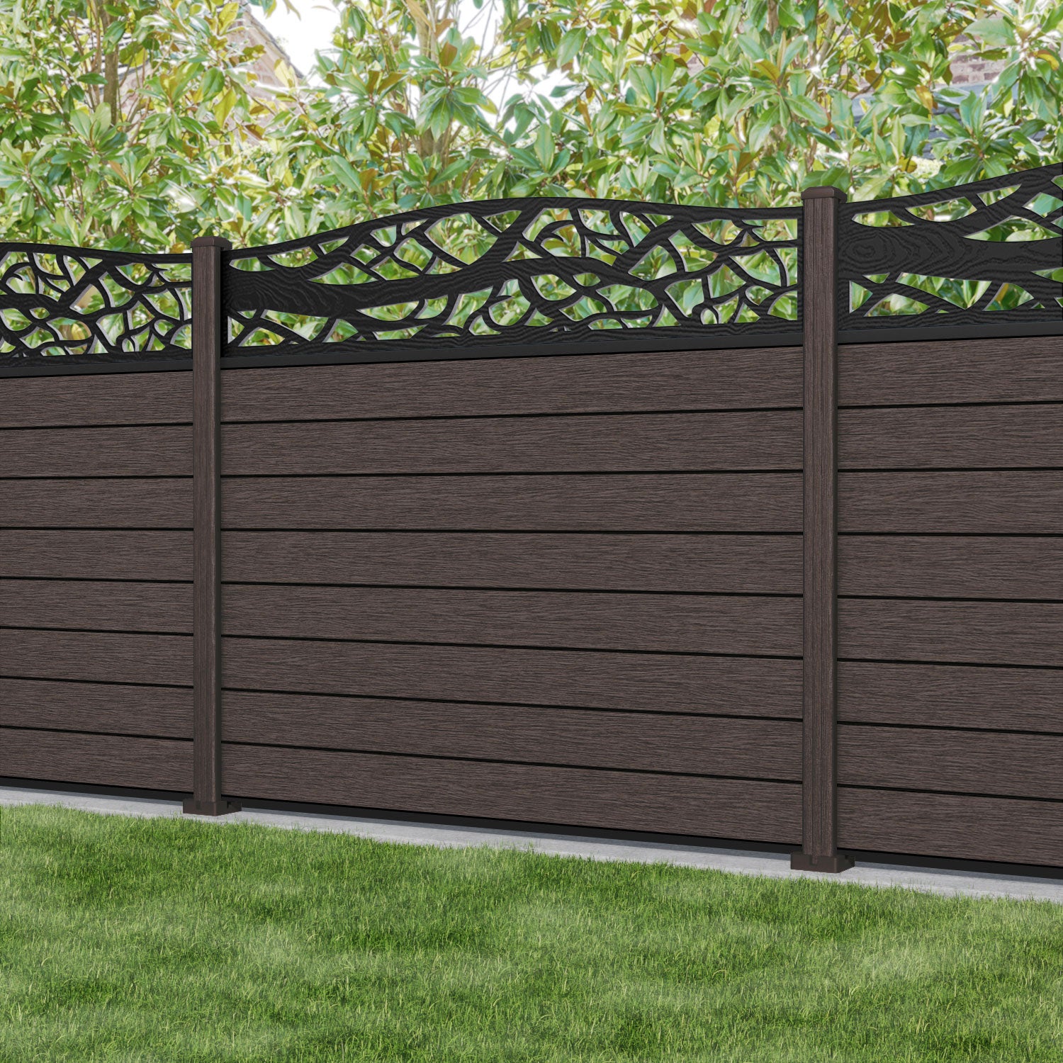 Fusion Twilight Curved Top Fence Panel - Mid Brown - with our composite posts