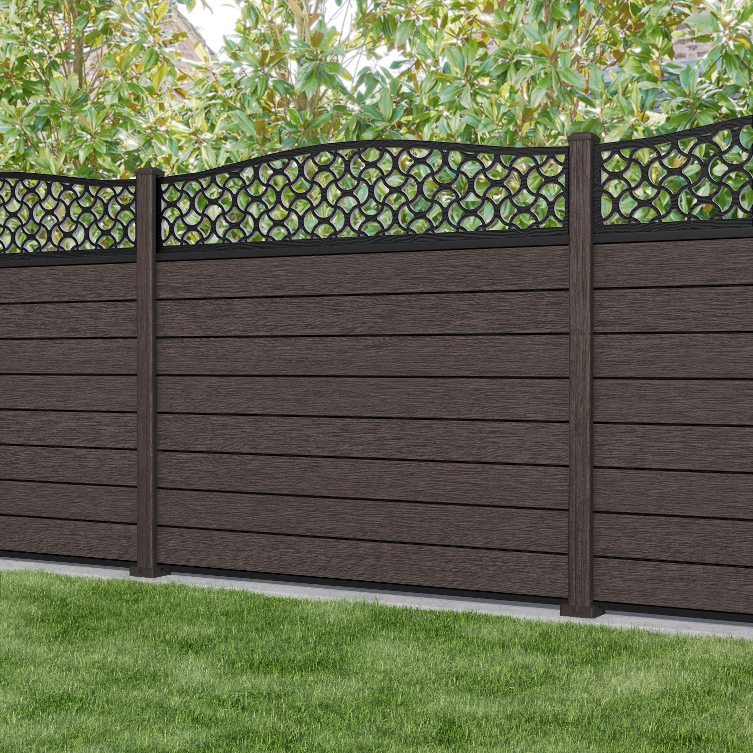 Fusion Vida Curved Top Fence Panel - Mid Brown - with our composite posts