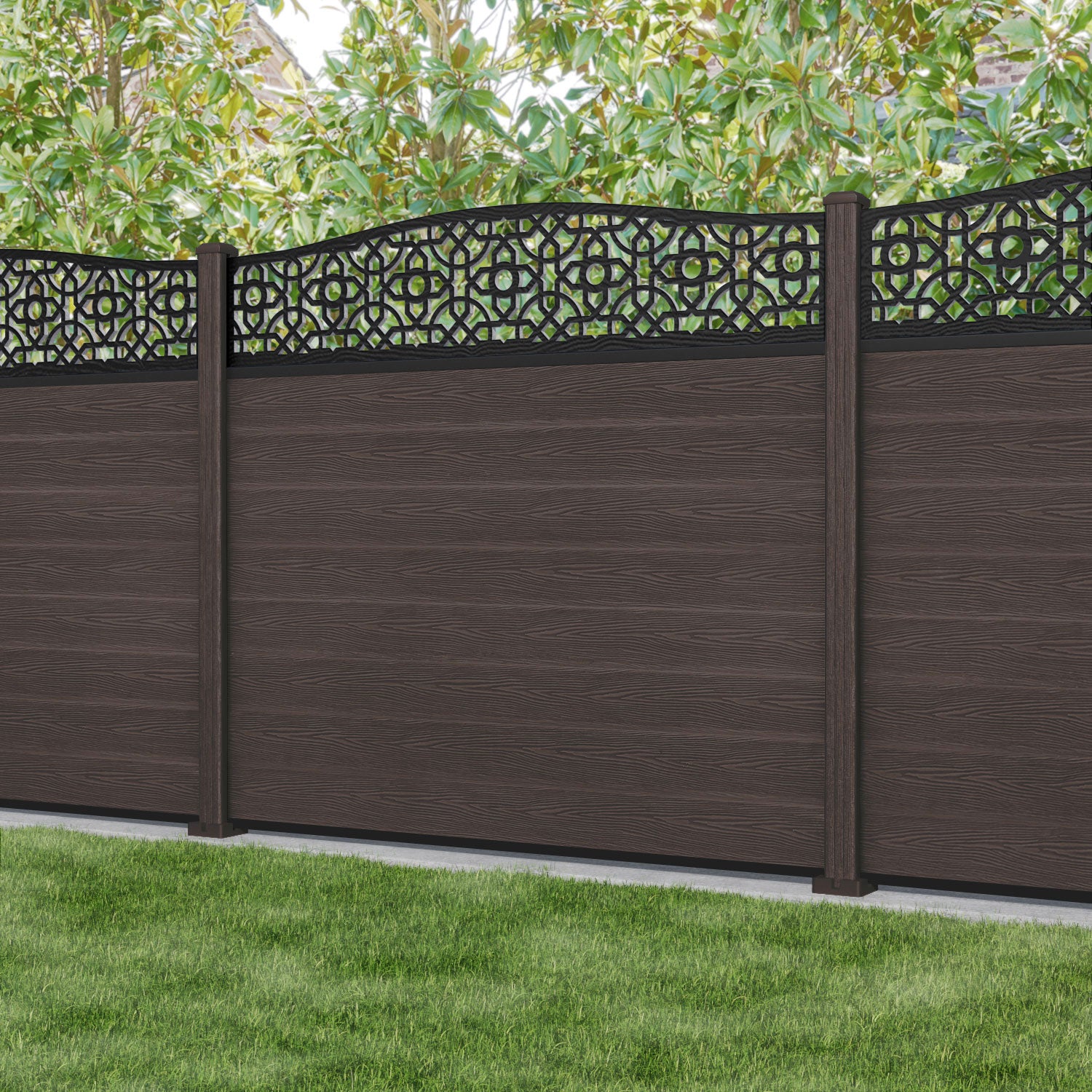 Classic Nabila Curved Top Fence Panel - Mid Brown - with our composite posts