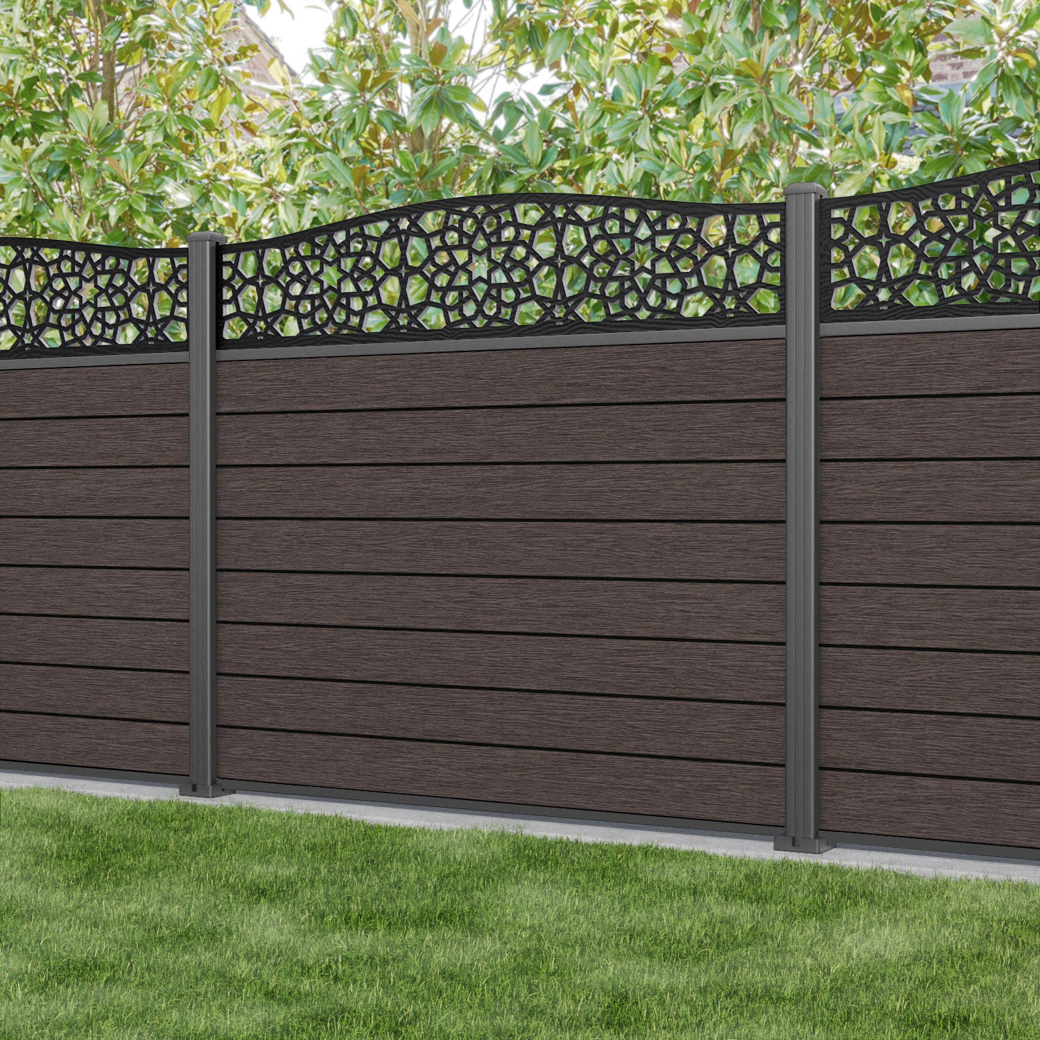 Fusion Nazira Curved Top Fence Panel - Mid Brown - with our aluminium posts