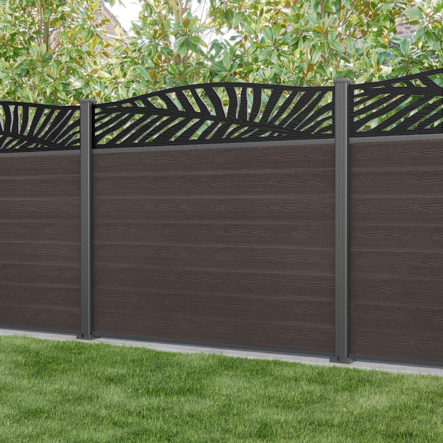Classic Palm Curved Top Fence Panel - Mid Brown - with our aluminium posts