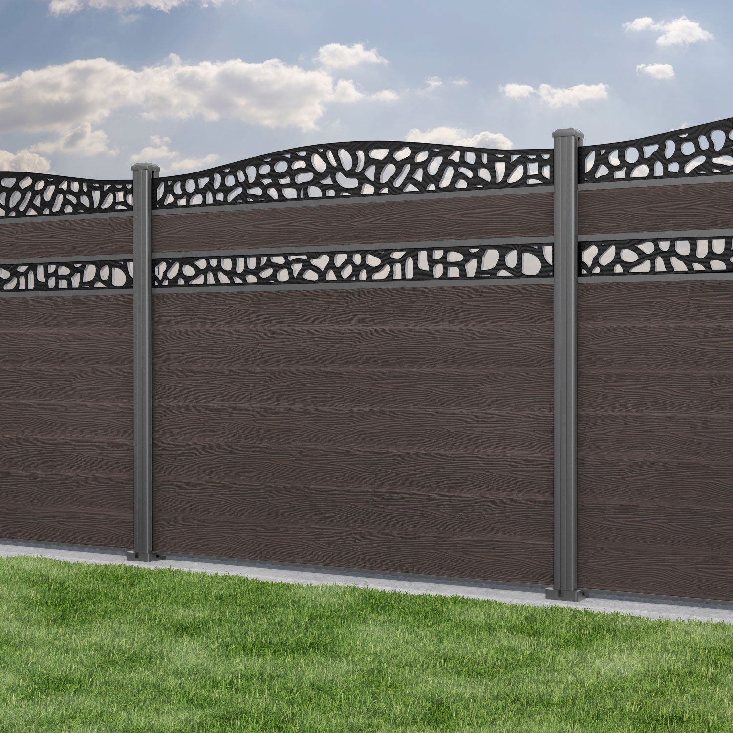Classic Pebble Curved Top Split Screen Fence Panel - Mid Brown - with our aluminium posts