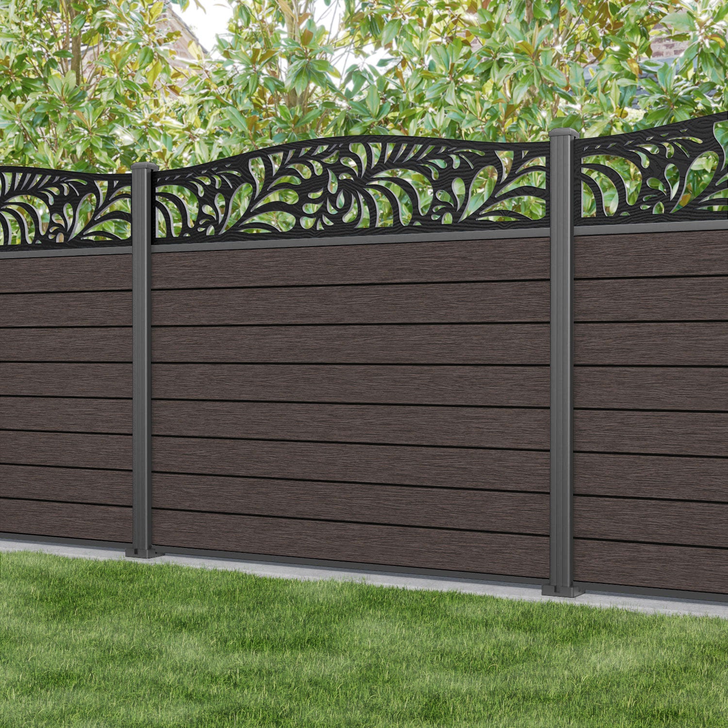 Fusion Petal Curved Top Fence Panel - Mid Brown - with our aluminium posts
