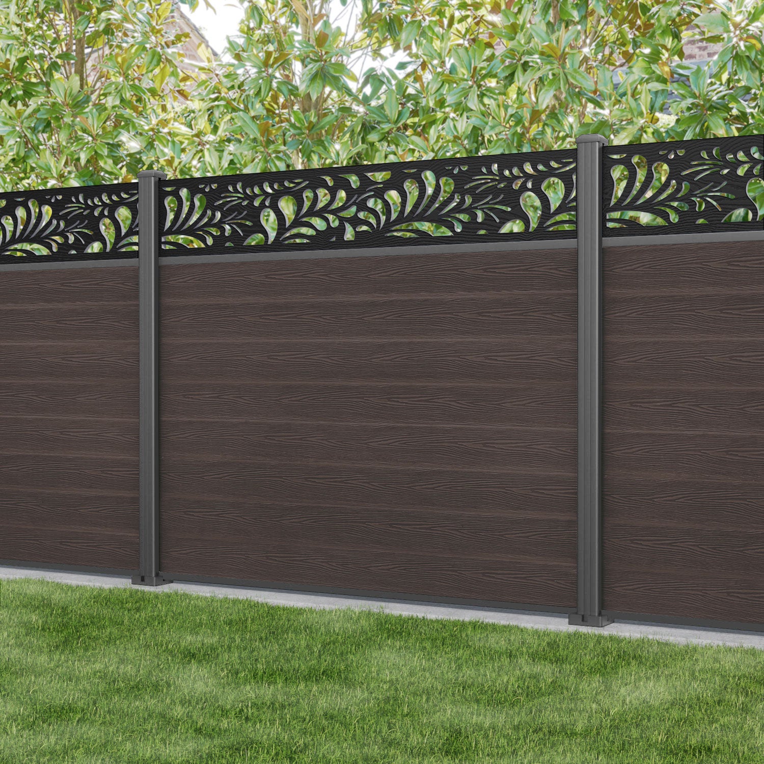 Classic Petal Fence Panel - Mid Brown - with our aluminium posts