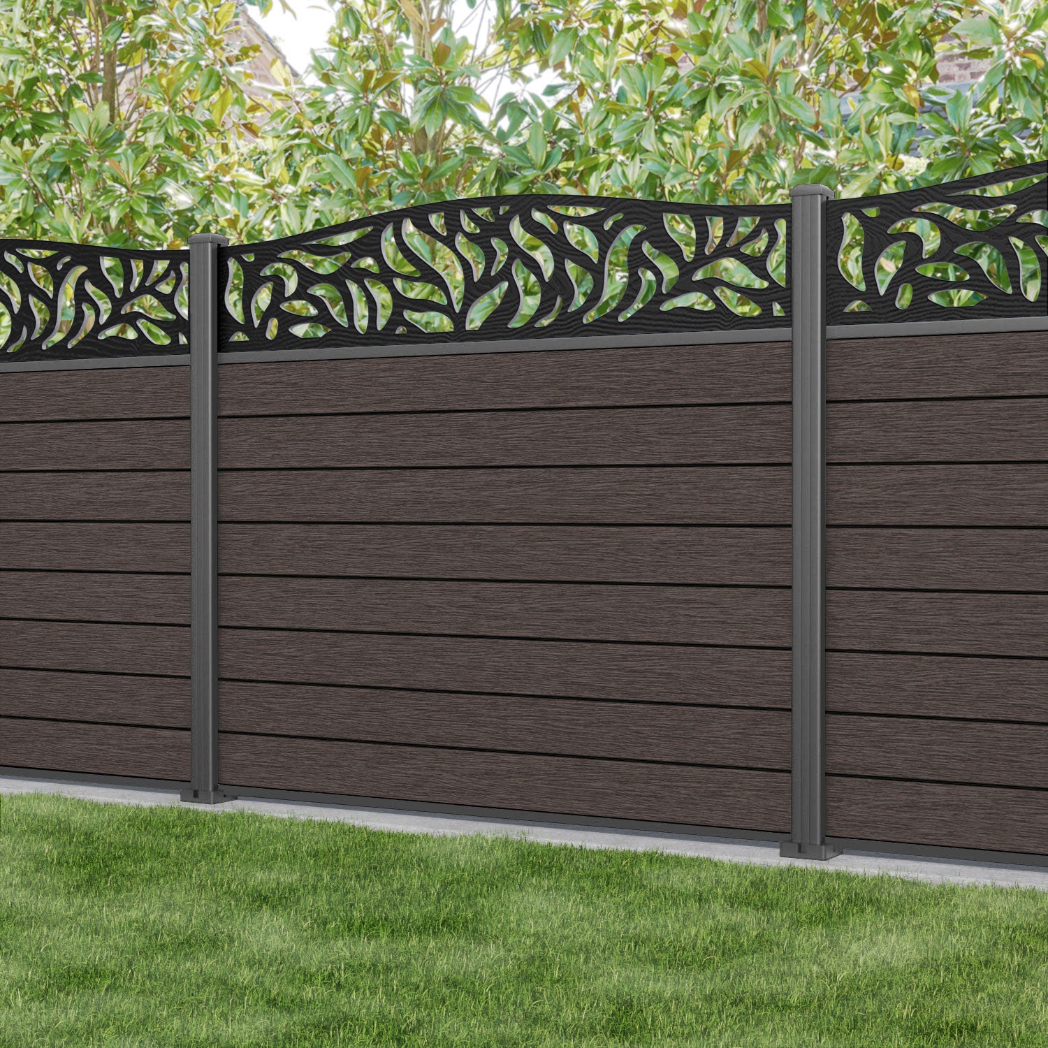 Fusion Plume Curved Top Fence Panel - Mid Brown - with our aluminium posts