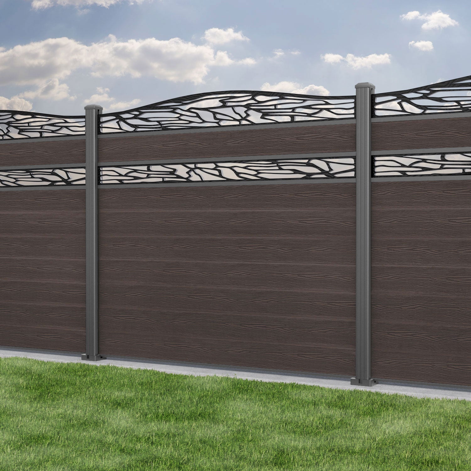 Classic Shatter Curved Top Split Screen Fence Panel - Mid Brown - with our aluminium posts