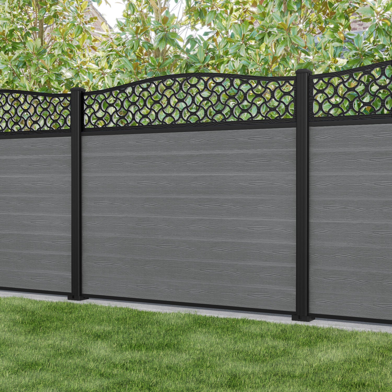 Classic Vida Curved Top Fence Panel - Mid Grey - with our aluminium posts