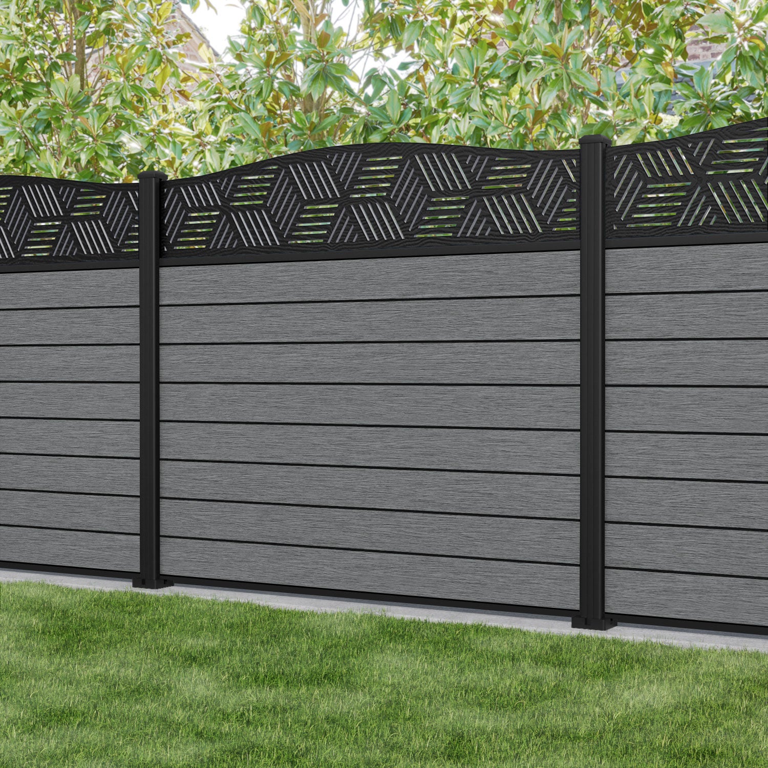 Fusion Cubed Curved Top Fence Panel - Mid Grey - with our aluminium posts