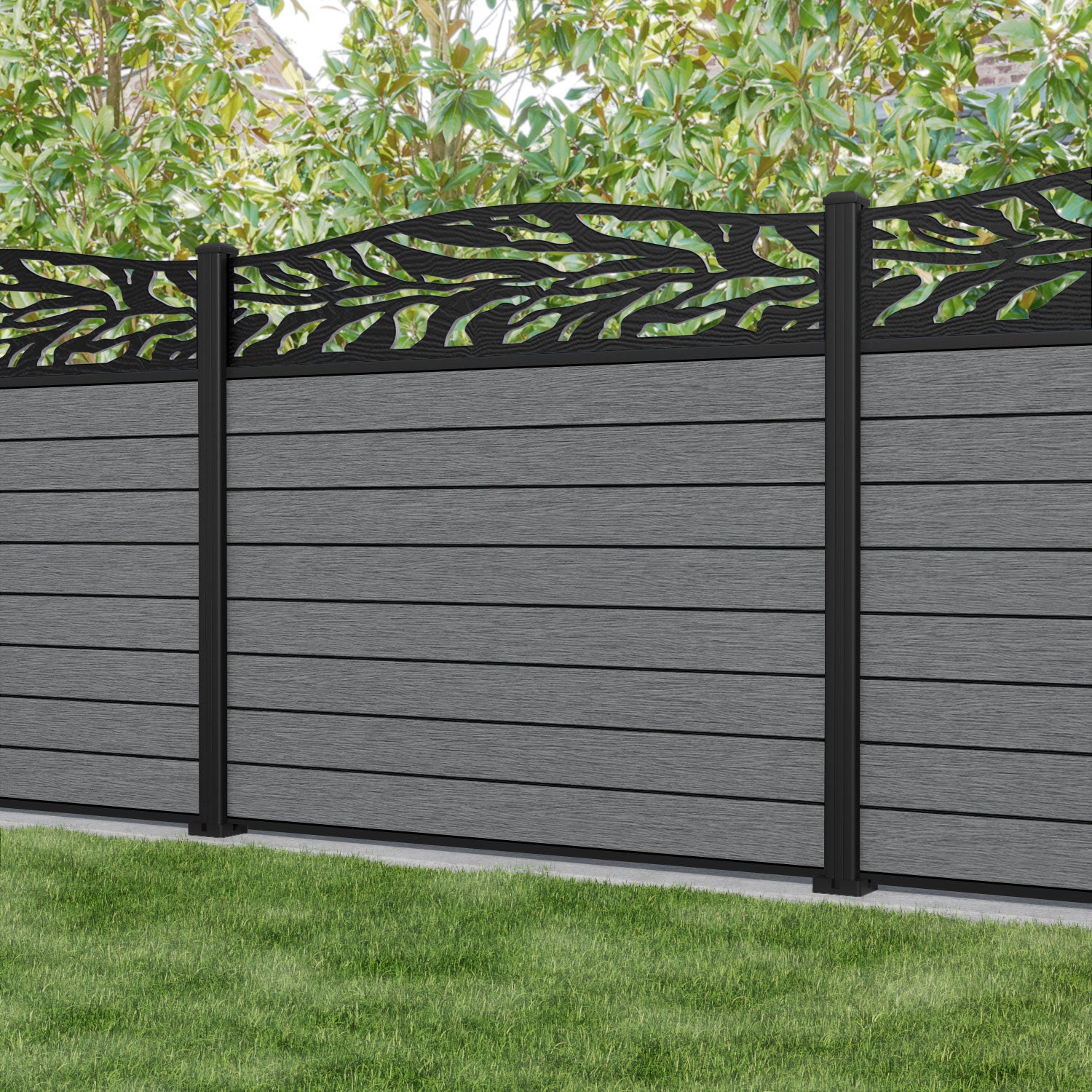 Fusion Malawi Curved Top Fence Panel - Mid Grey - with our aluminium posts