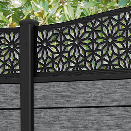 Fusion Narwa Curved Top Fence Panel - Mid Grey - with our aluminium posts
