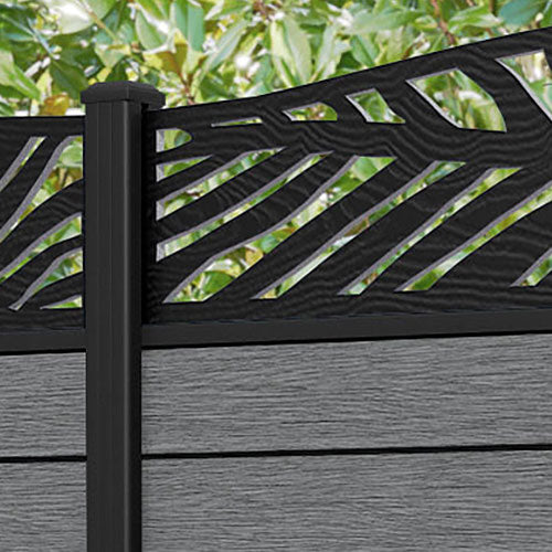Fusion Palm Curved Top Fence Panel - Mid Grey - with our aluminium posts