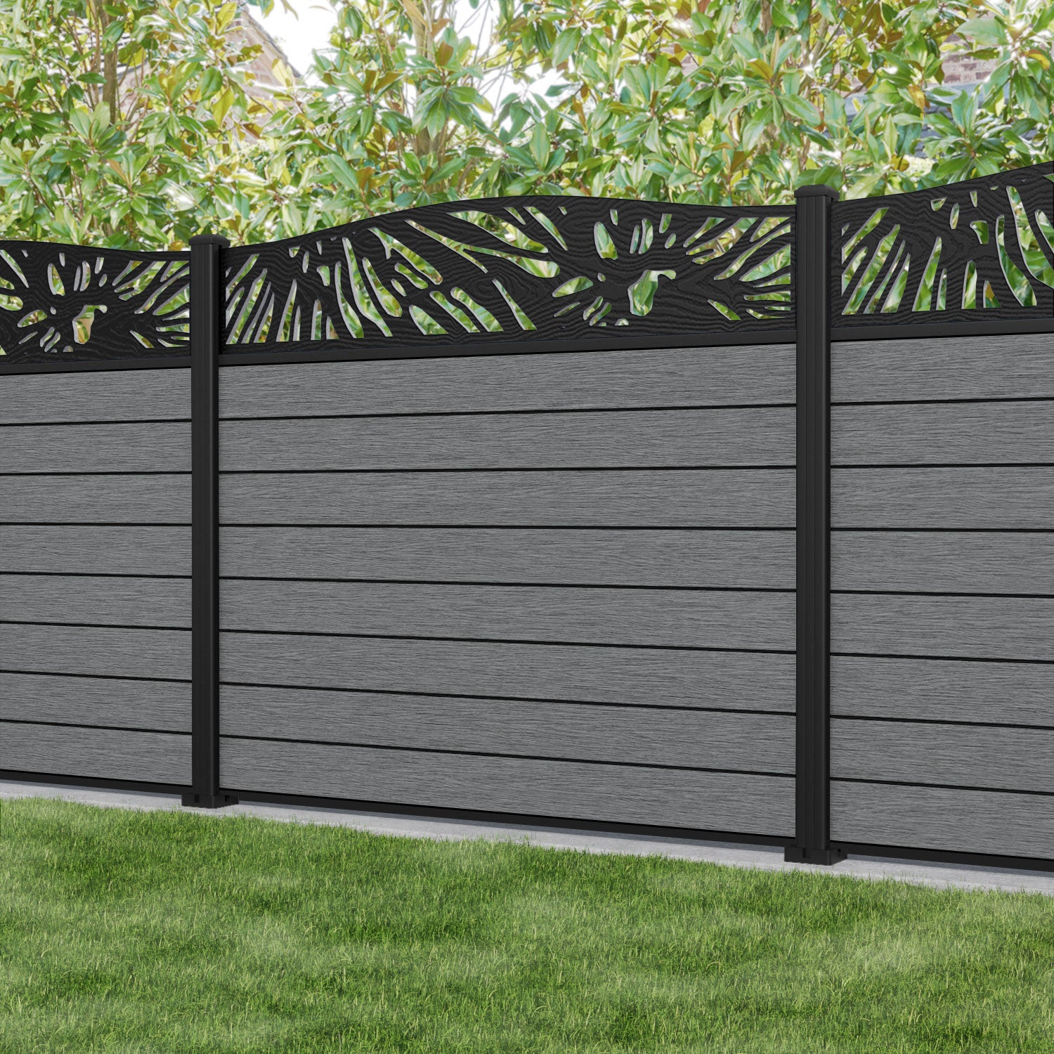 Fusion Poppy Curved Top Fence Panel - Mid Grey - with our aluminium posts