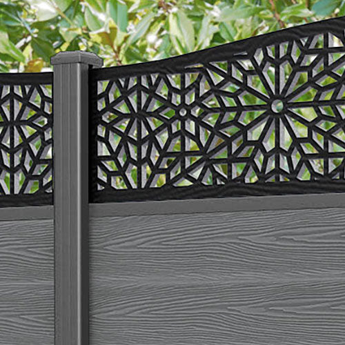 Classic Alnara Curved Top Fence Panel - Mid Grey - with our aluminium posts