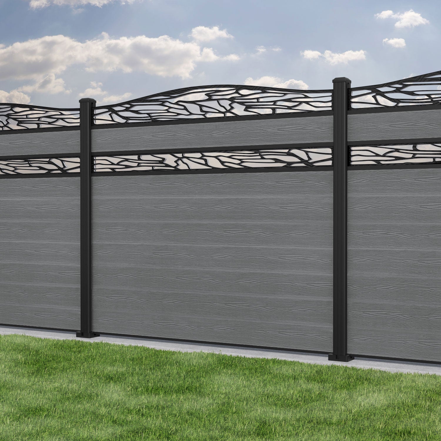 Classic Shatter Curved Top Split Screen Fence Panel - Mid Grey - with our aluminium posts