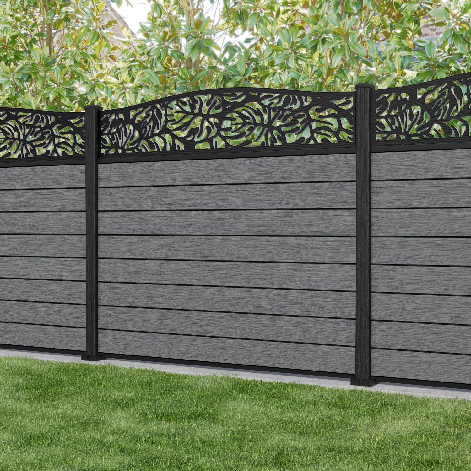 Fusion Botanic Curved Top Fence Panel - Mid Grey - with our composite posts