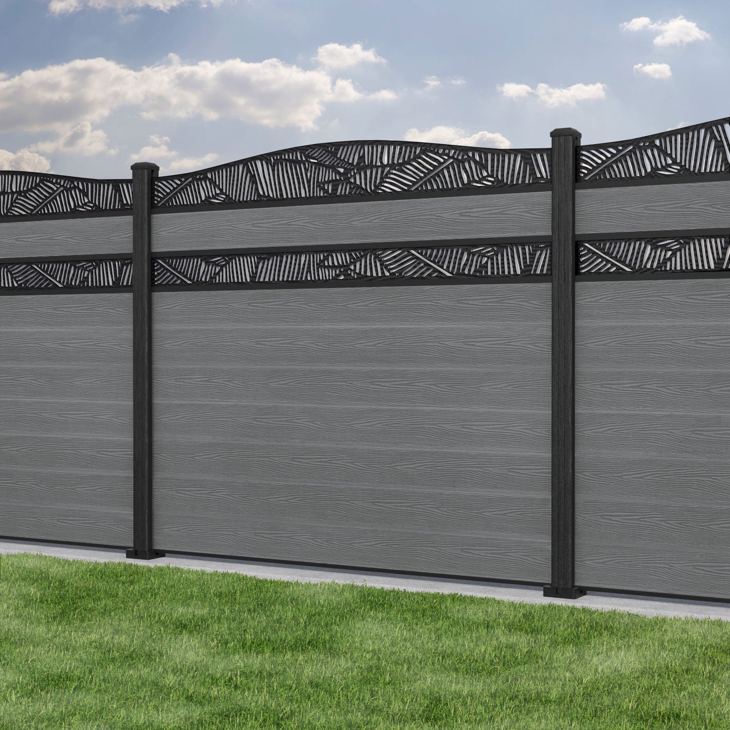 Classic Feather Curved Top Split Screen Fence Panel - Mid Grey - with our composite posts