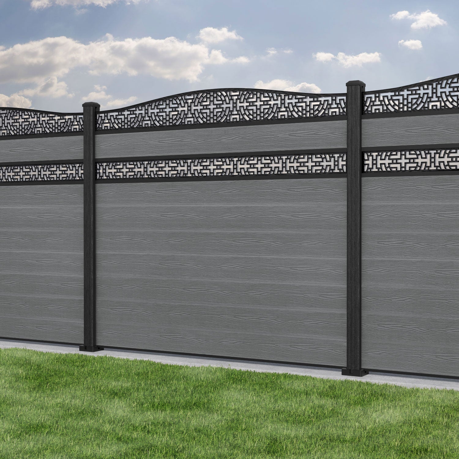 Classic Kumo Curved Top Split Screen Fence Panel - Mid Grey - with our composite posts