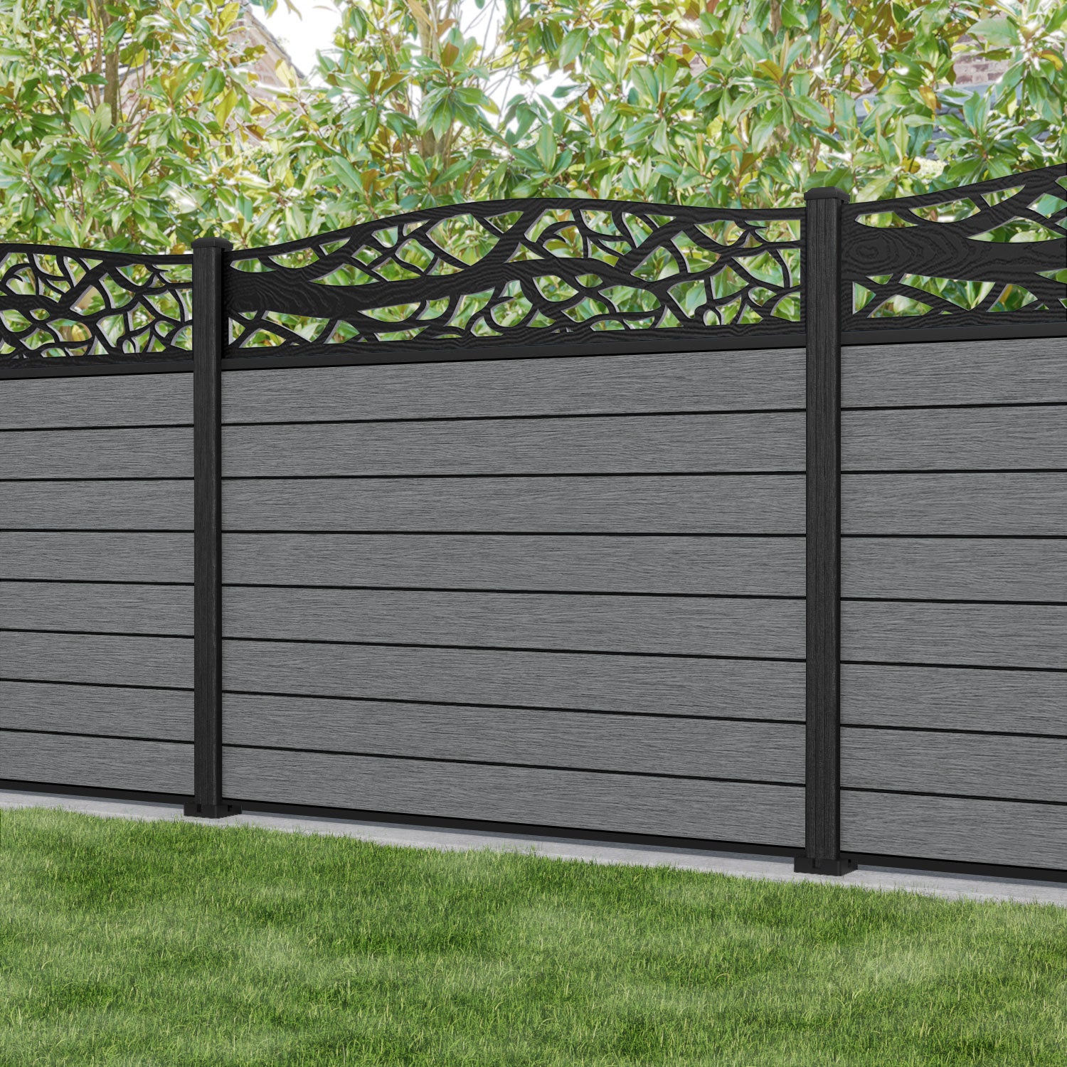 Fusion Twilight Curved Top Fence Panel - Mid Grey - with our composite posts