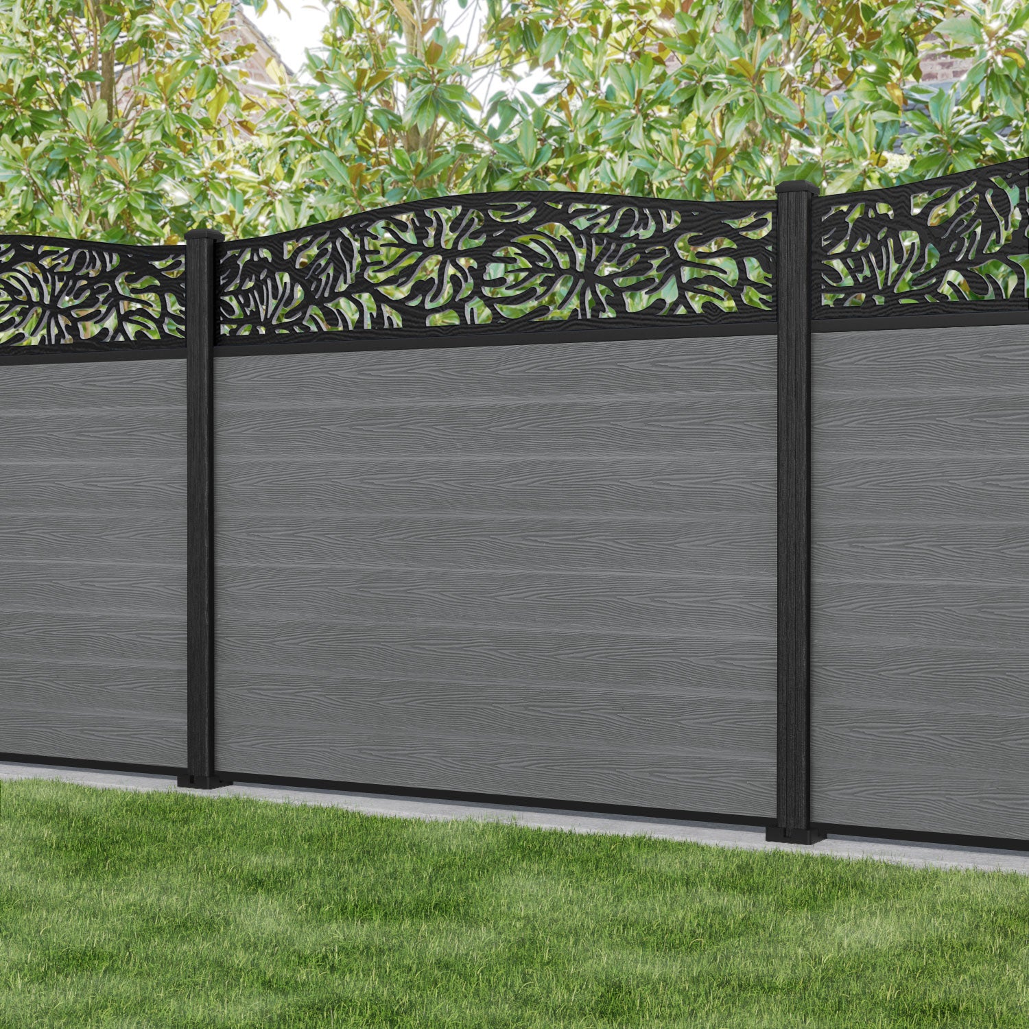 Classic Botanic Curved Top Fence Panel - Mid Grey - with our composite posts