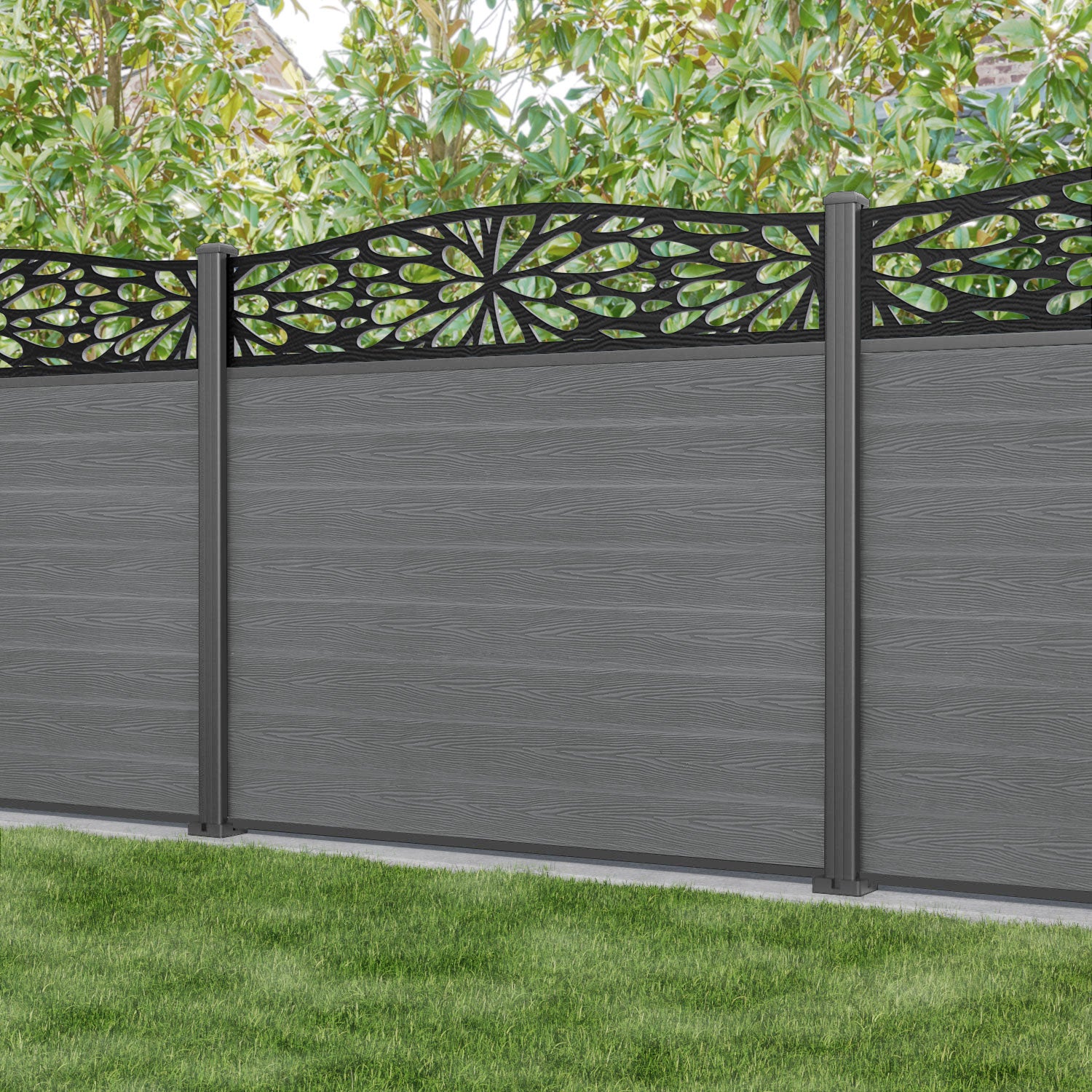 Classic Blossom Curved Top Fence Panel - Mid Grey - with our aluminium posts