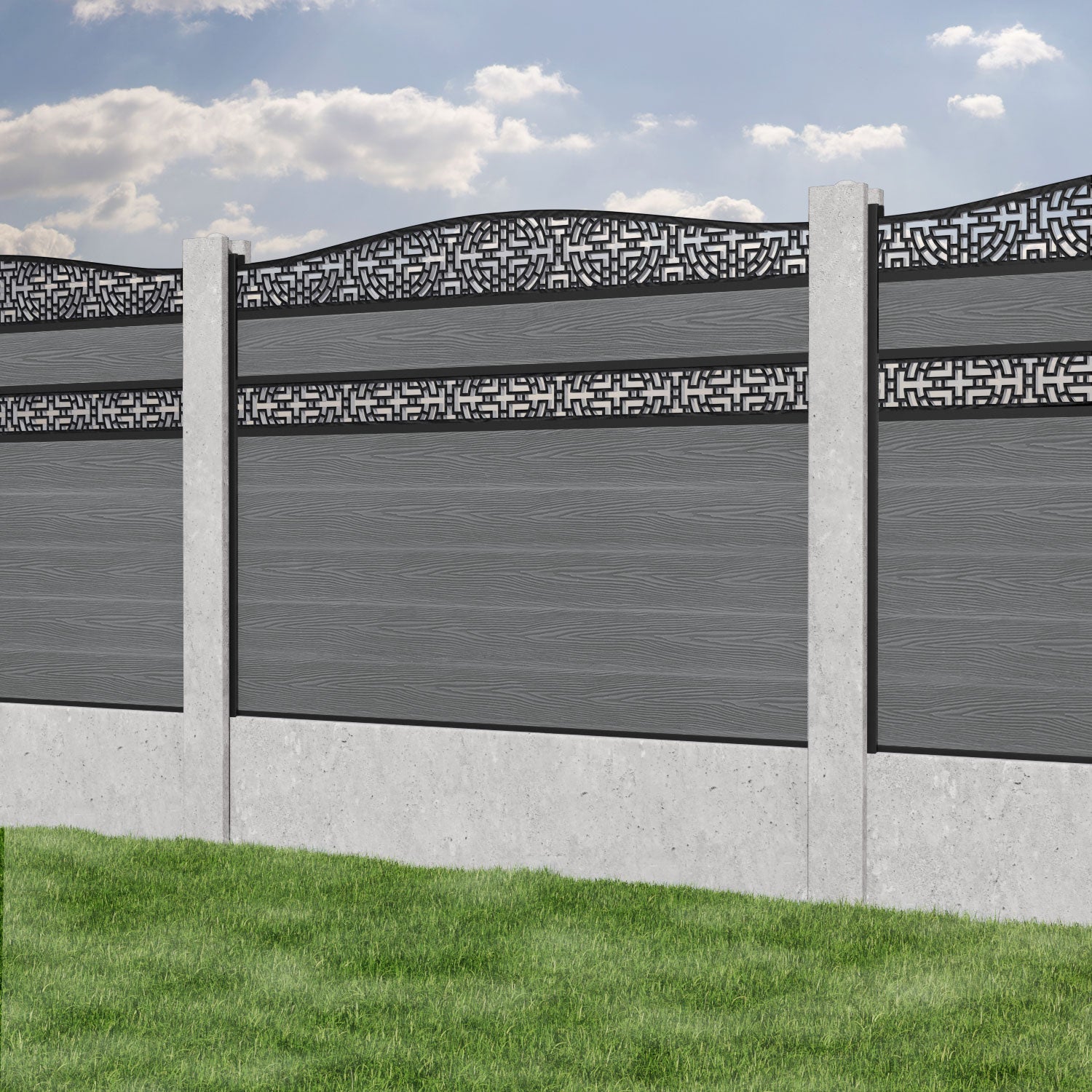Classic Kumo Curved Top Split Screen Fence Panel - Mid Grey - for existing concrete posts