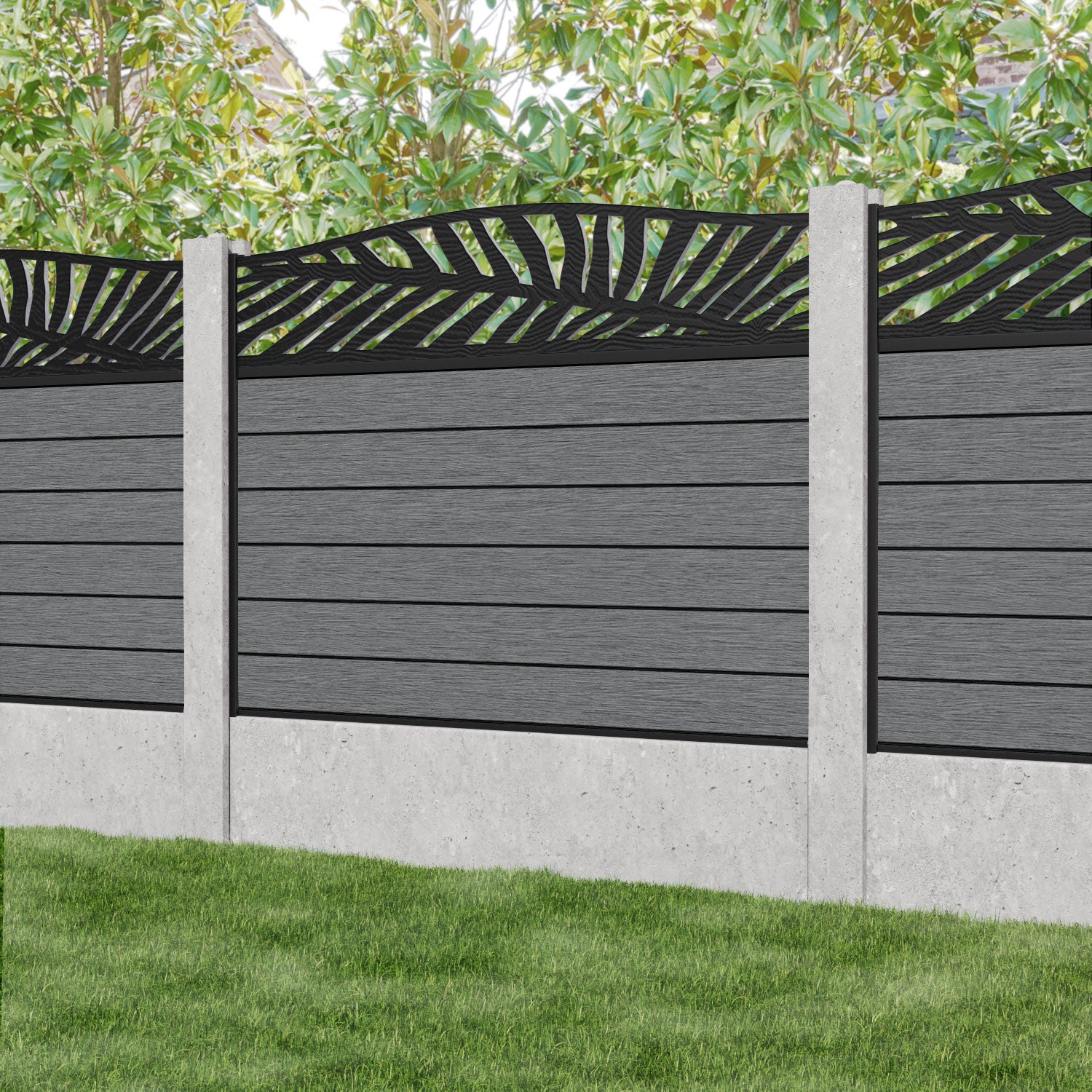 Fusion Palm Curved Top Fence Panel - Mid Grey - for existing concrete posts