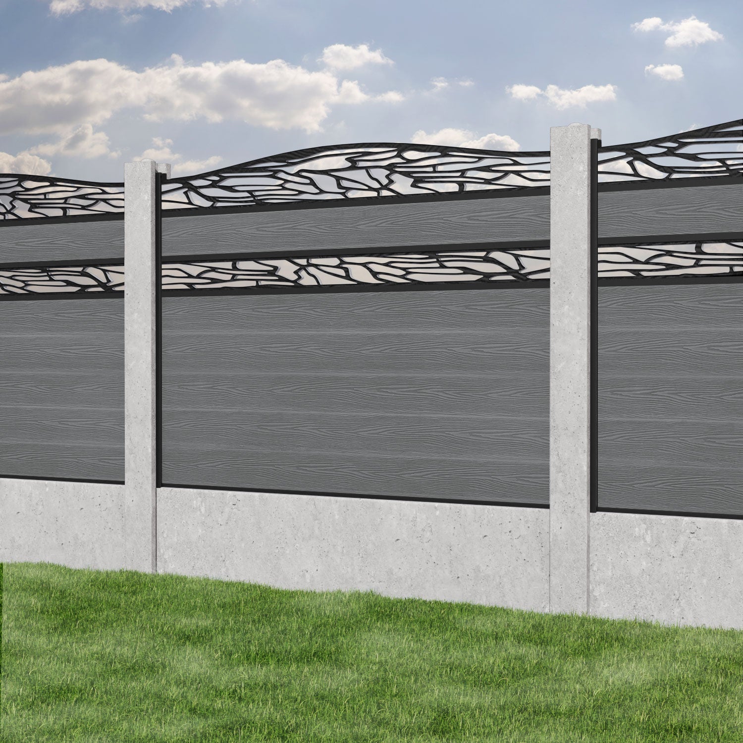 Classic Shatter Curved Top Split Screen Fence Panel - Mid Grey - for existing concrete posts
