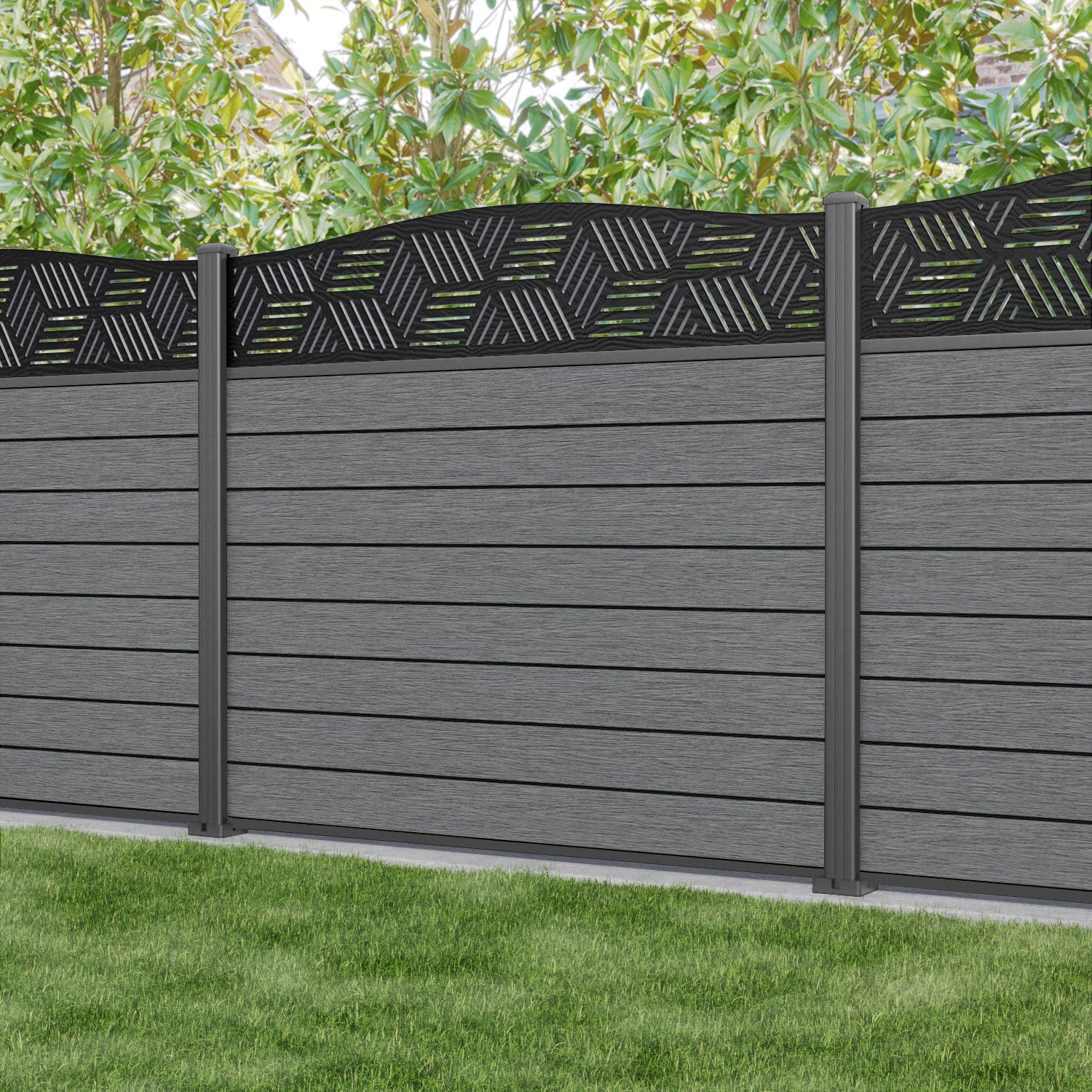 Fusion Cubed Curved Top Fence Panel - Mid Grey - with our aluminium posts