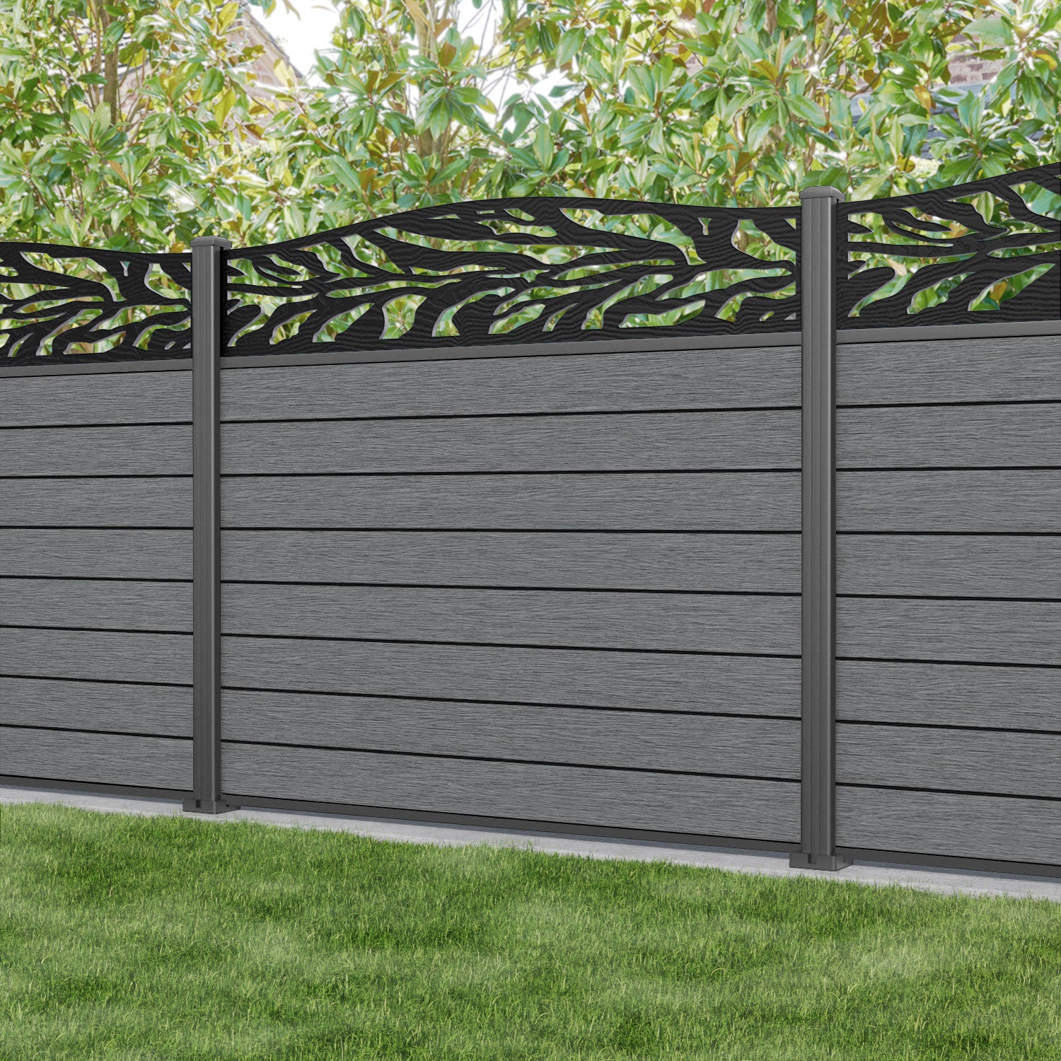 Fusion Malawi Curved Top Fence Panel - Mid Grey - with our aluminium posts