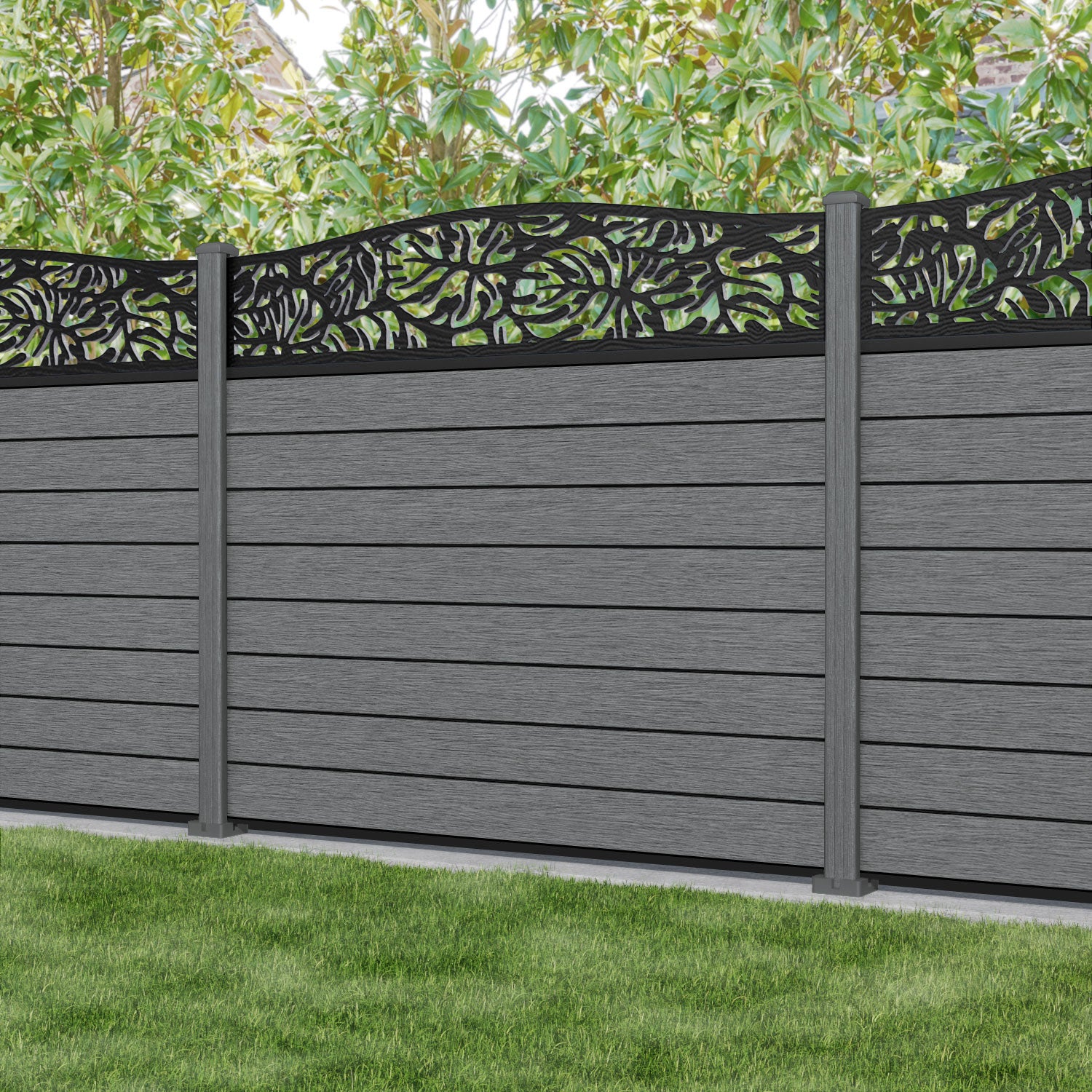 Fusion Botanic Curved Top Fence Panel - Mid Grey - with our composite posts