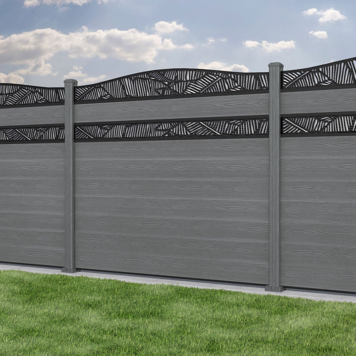 Classic Feather Curved Top Split Screen Fence Panel - Mid Grey - with our composite posts