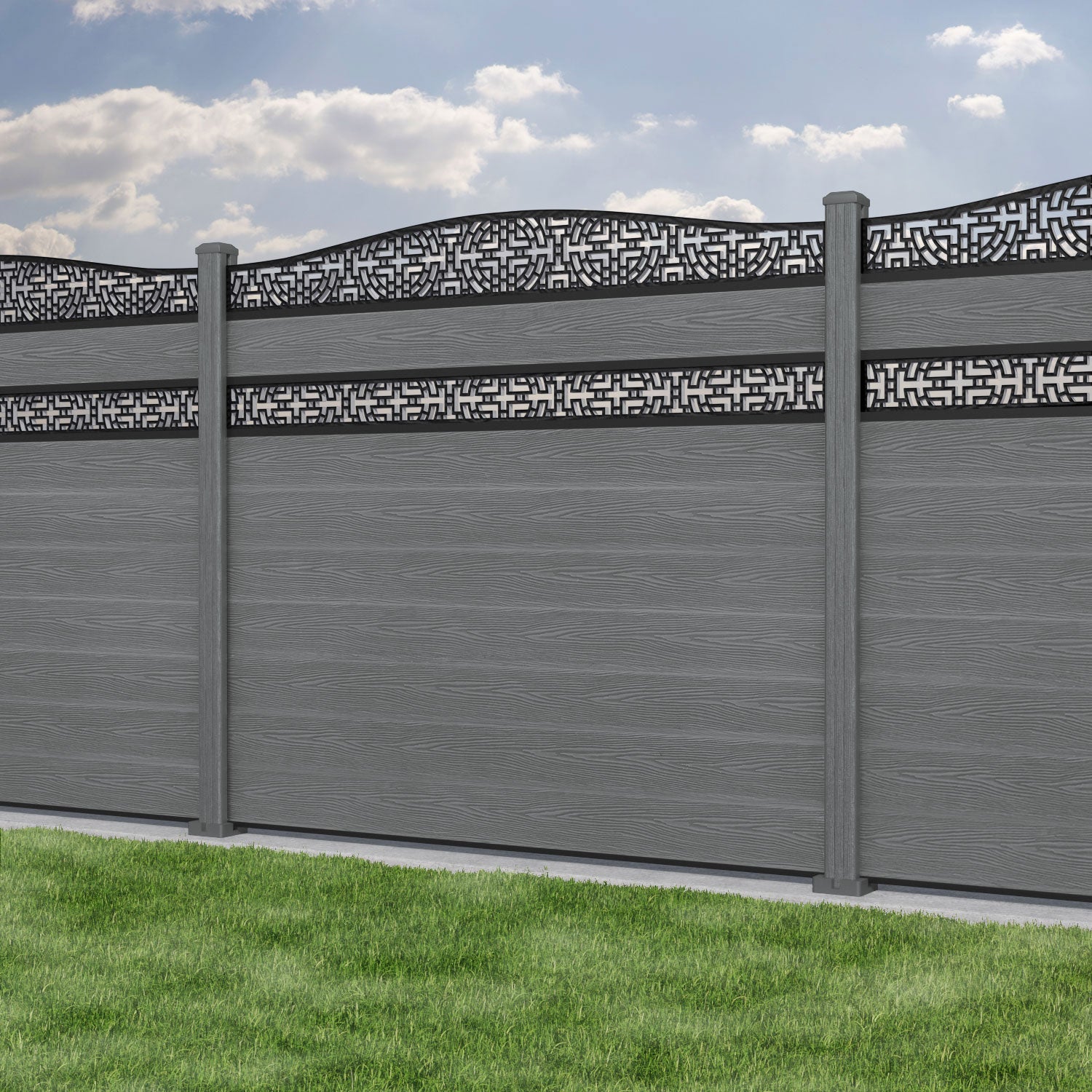 Classic Kumo Curved Top Split Screen Fence Panel - Mid Grey - with our composite posts