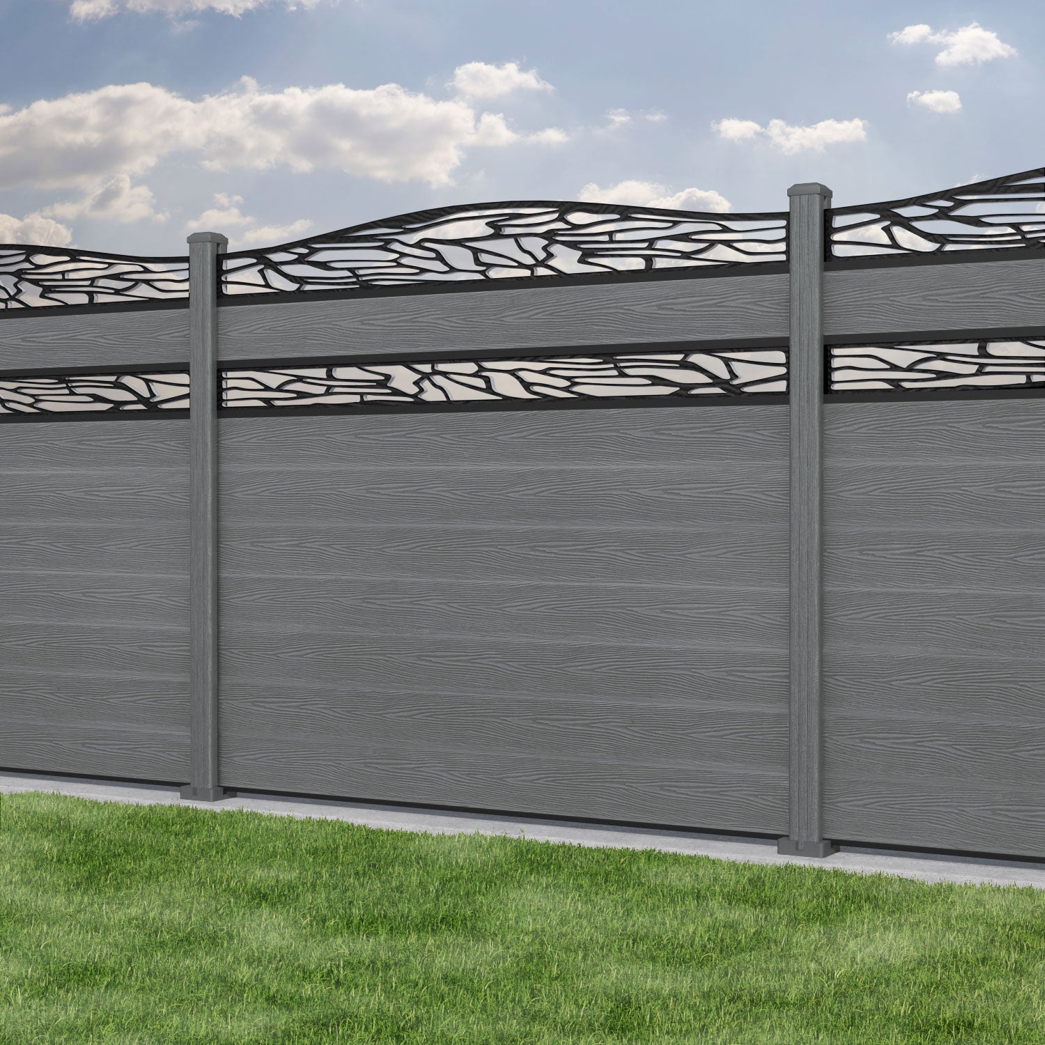 Classic Shatter Curved Top Split Screen Fence Panel - Mid Grey - with our composite posts