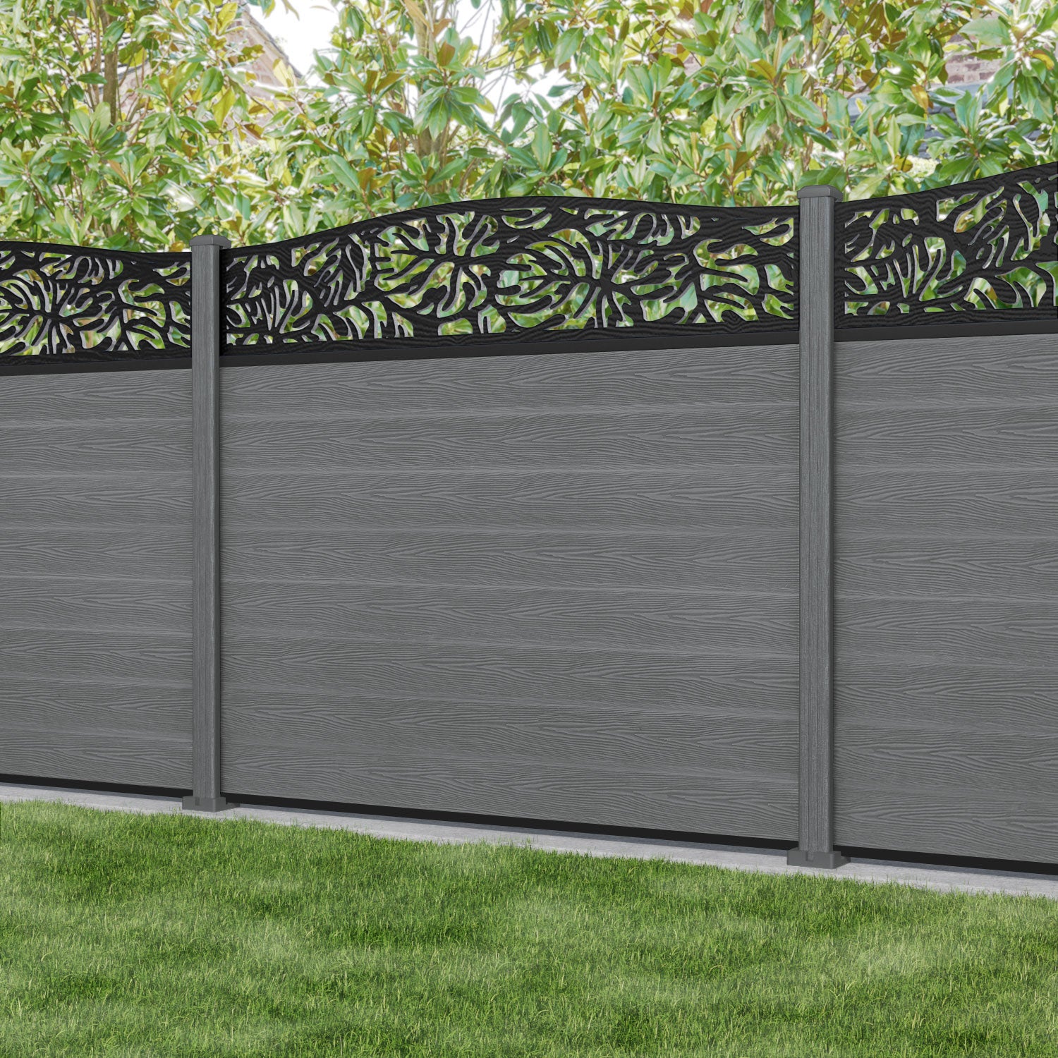 Classic Botanic Curved Top Fence Panel - Mid Grey - with our composite posts