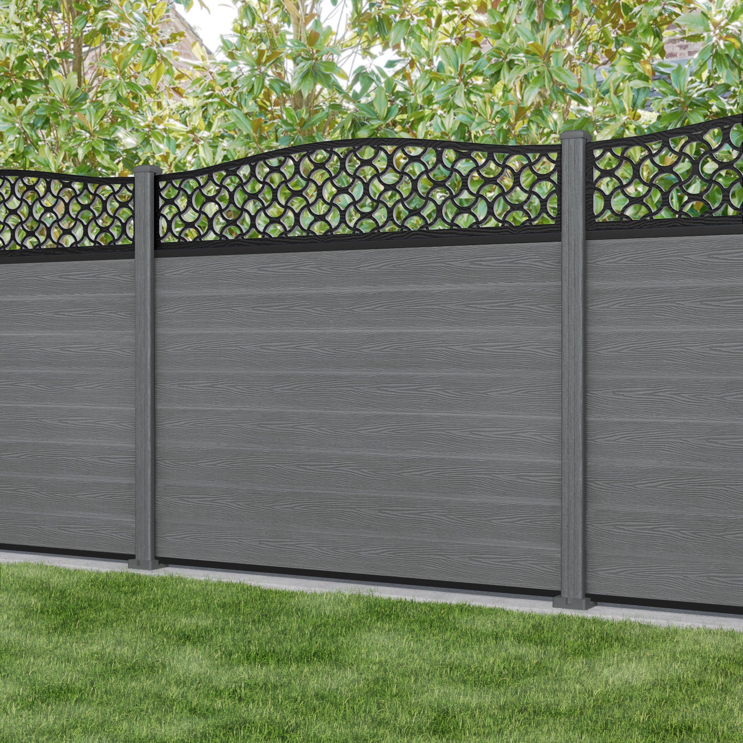 Classic Vida Curved Top Fence Panel - Mid Grey - with our composite posts