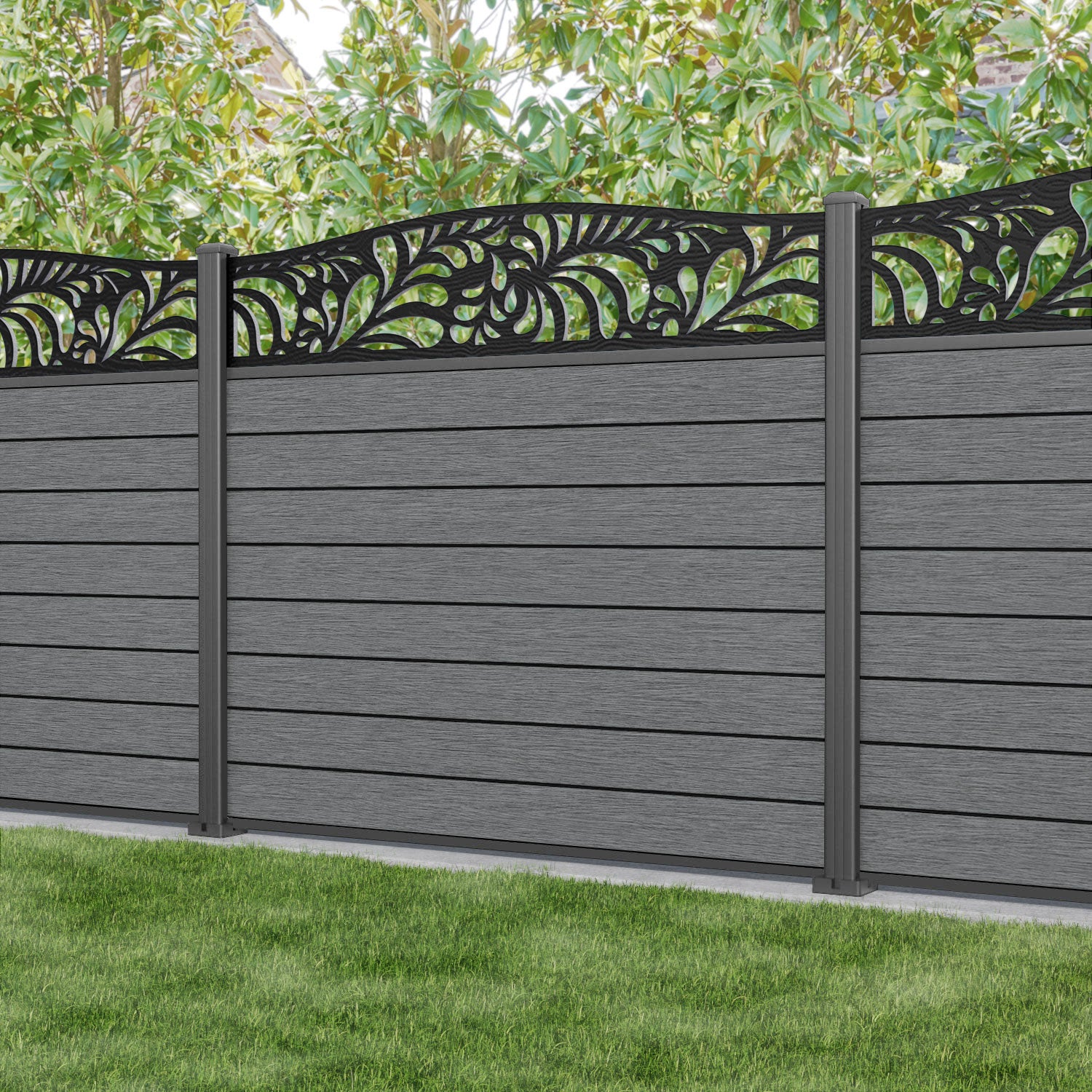 Fusion Petal Curved Top Fence Panel - Mid Grey - with our aluminium posts