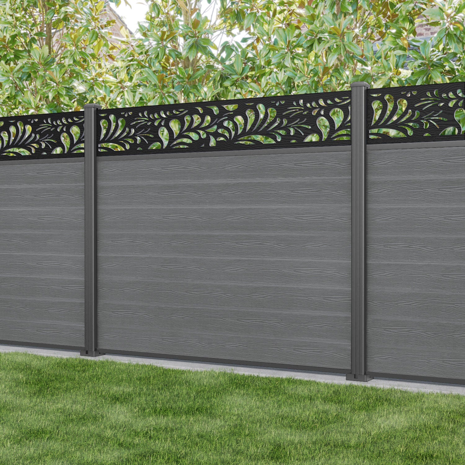 Classic Petal Fence Panel - Mid Grey - with our aluminium posts
