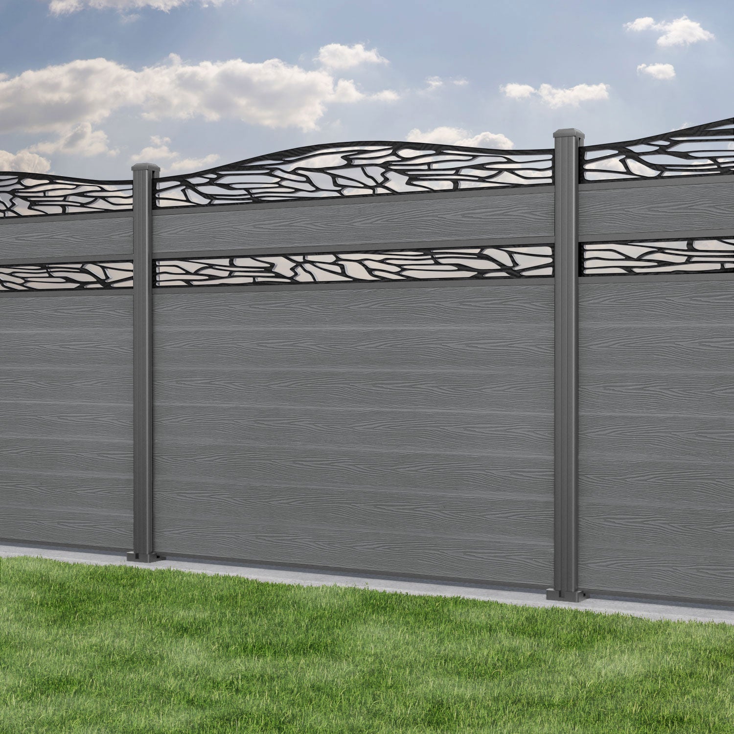 Classic Shatter Curved Top Split Screen Fence Panel - Mid Grey - with our aluminium posts