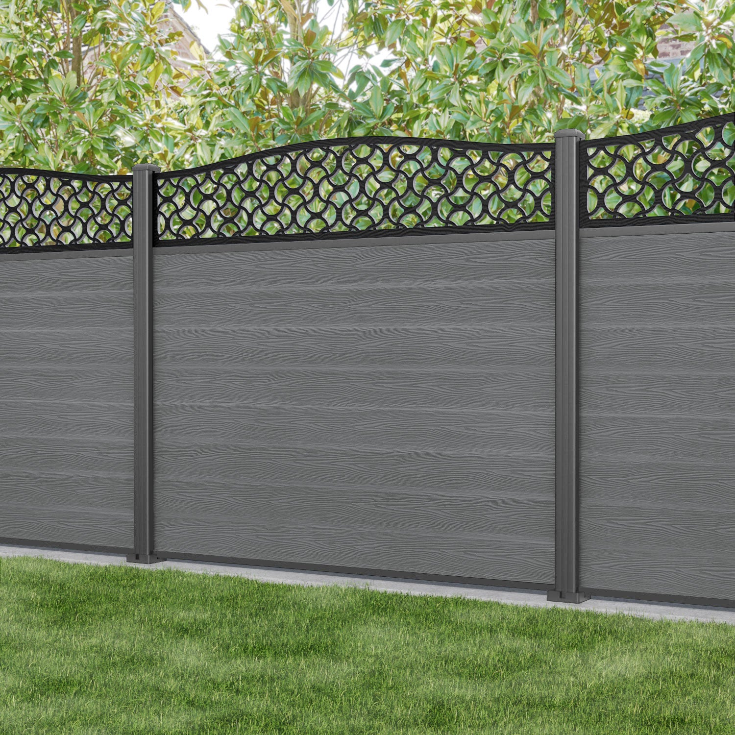 Classic Vida Curved Top Fence Panel - Mid Grey - with our aluminium posts